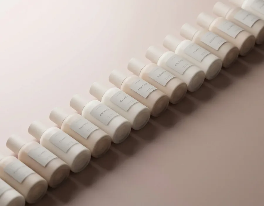 A row of nearly identical minimalist cylindrical DTC product bottles on a pale neutral background, illustrating brand homogeneity