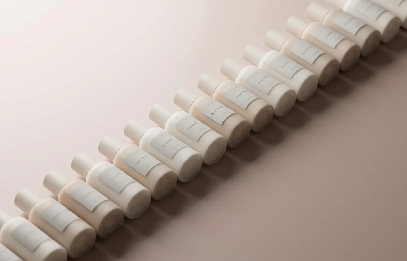 A row of nearly identical minimalist cylindrical DTC product bottles on a pale neutral background, illustrating brand homogeneity