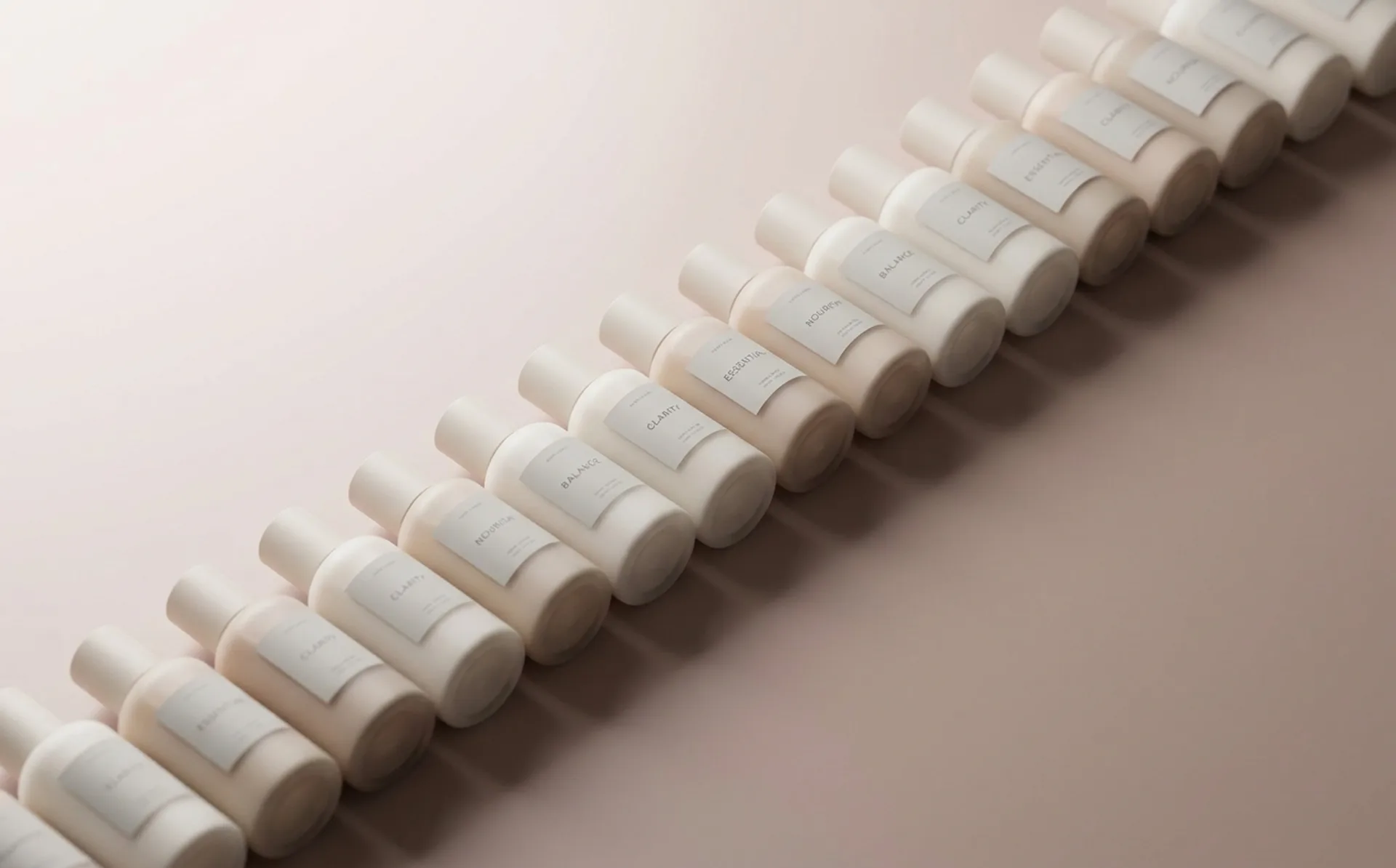 A row of nearly identical minimalist cylindrical DTC product bottles on a pale neutral background, illustrating brand homogeneity