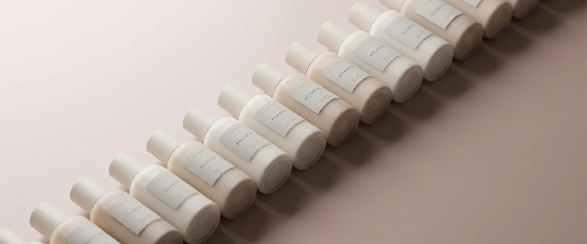 A row of nearly identical minimalist cylindrical DTC product bottles on a pale neutral background, illustrating brand homogeneity