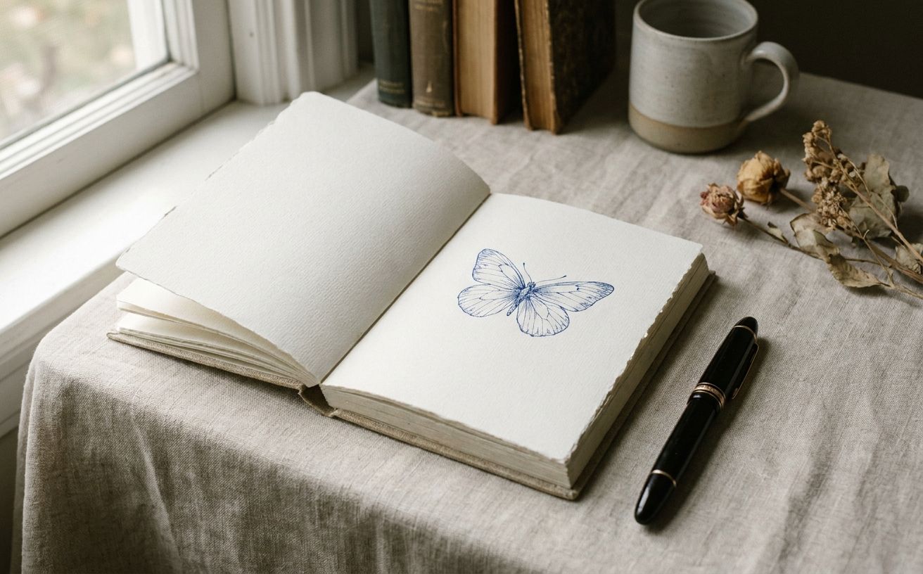 A clean notebook with a small hand-drawn butterfly sketch in ink blue and a fountain pen alongside, on a pale linen surface with soft natural window light