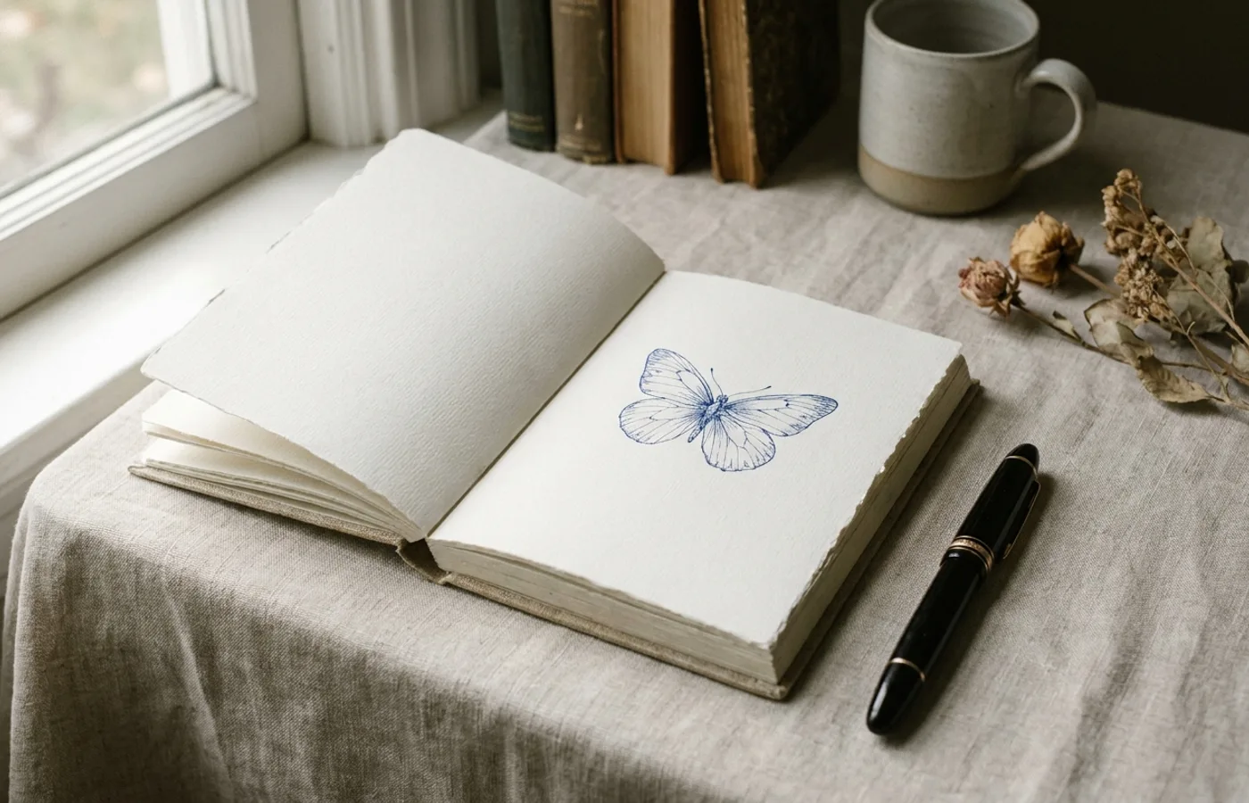 A clean notebook with a small hand-drawn butterfly sketch in ink blue and a fountain pen alongside, on a pale linen surface with soft natural window light
