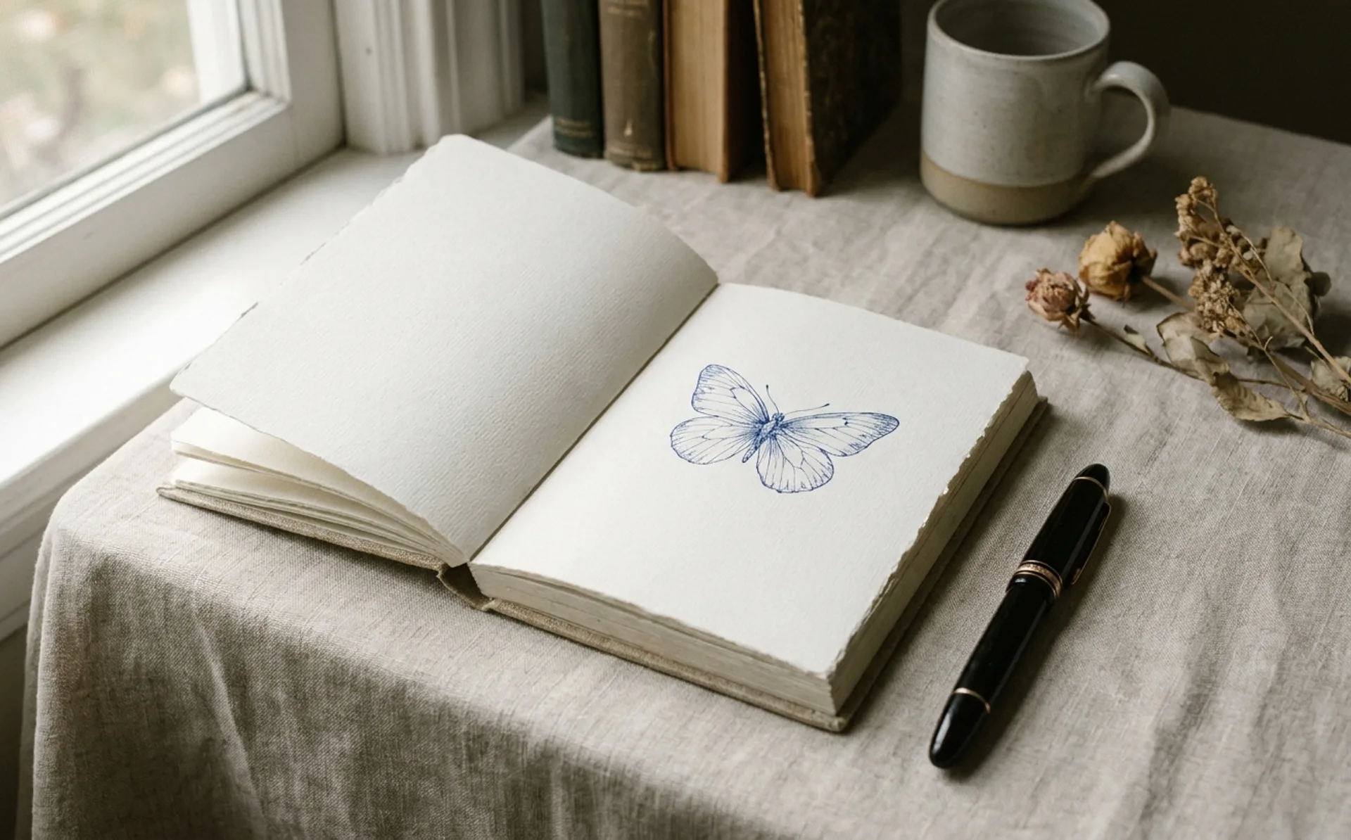 A clean notebook with a small hand-drawn butterfly sketch in ink blue and a fountain pen alongside, on a pale linen surface with soft natural window light