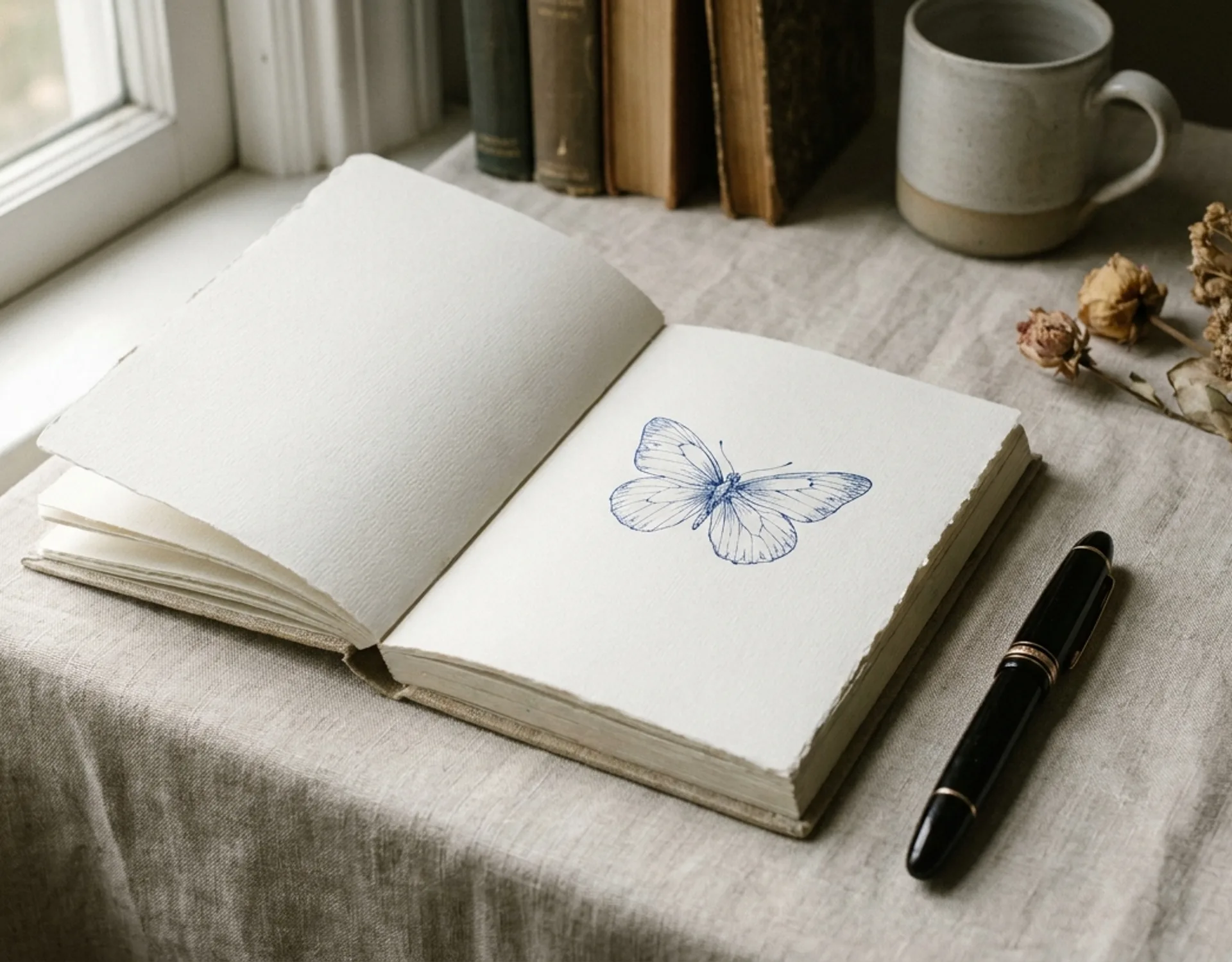 A clean notebook with a small hand-drawn butterfly sketch in ink blue and a fountain pen alongside, on a pale linen surface with soft natural window light