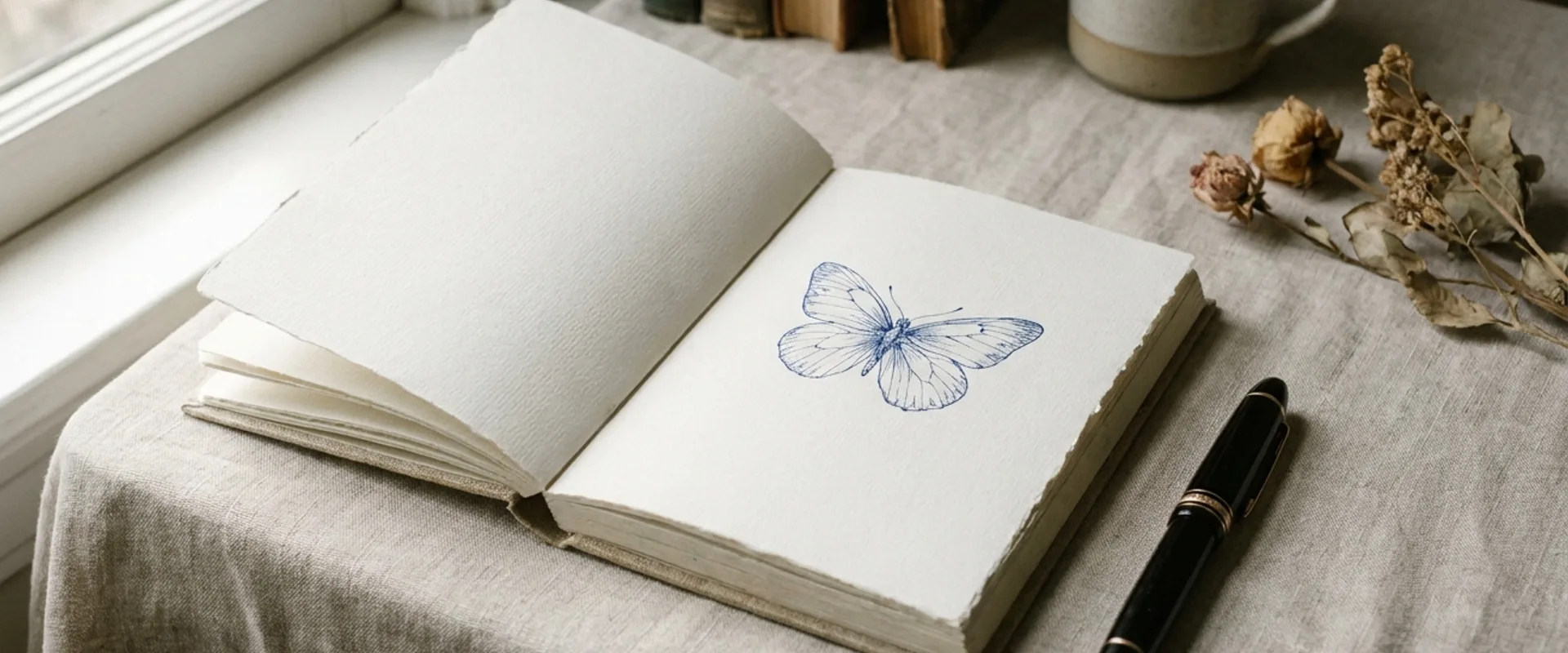 A clean notebook with a small hand-drawn butterfly sketch in ink blue and a fountain pen alongside, on a pale linen surface with soft natural window light
