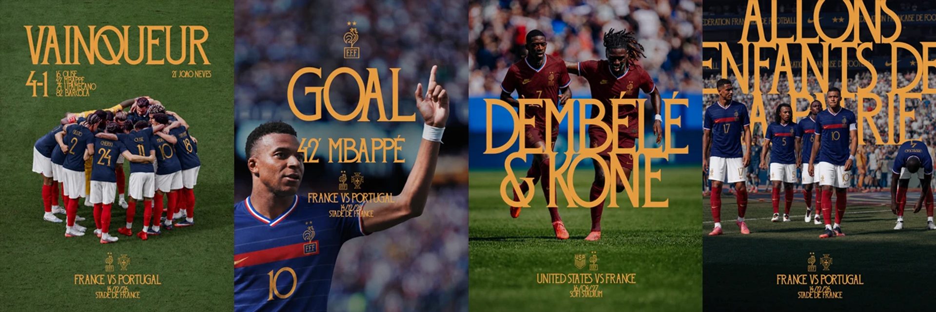 Four football posters show France players on green pitches with gold text including “VAINQUEUR”, “GOAL” and “DEMBELE & KONE”.
