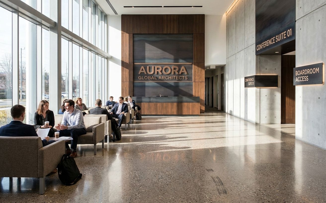A corporate lobby with strong brand architecture — marble floor, large wordmark on a wall, subtle architectural signage, natural daylight through tall windows