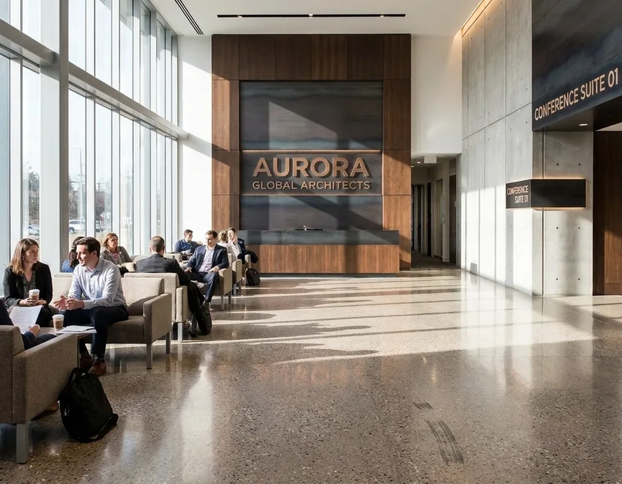 A corporate lobby with strong brand architecture — marble floor, large wordmark on a wall, subtle architectural signage, natural daylight through tall windows