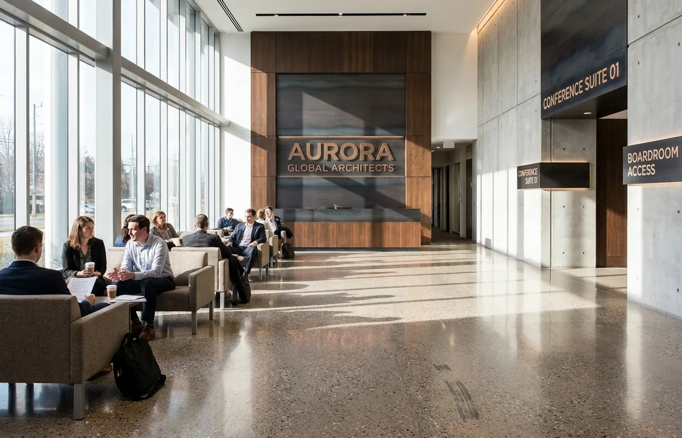 A corporate lobby with strong brand architecture — marble floor, large wordmark on a wall, subtle architectural signage, natural daylight through tall windows