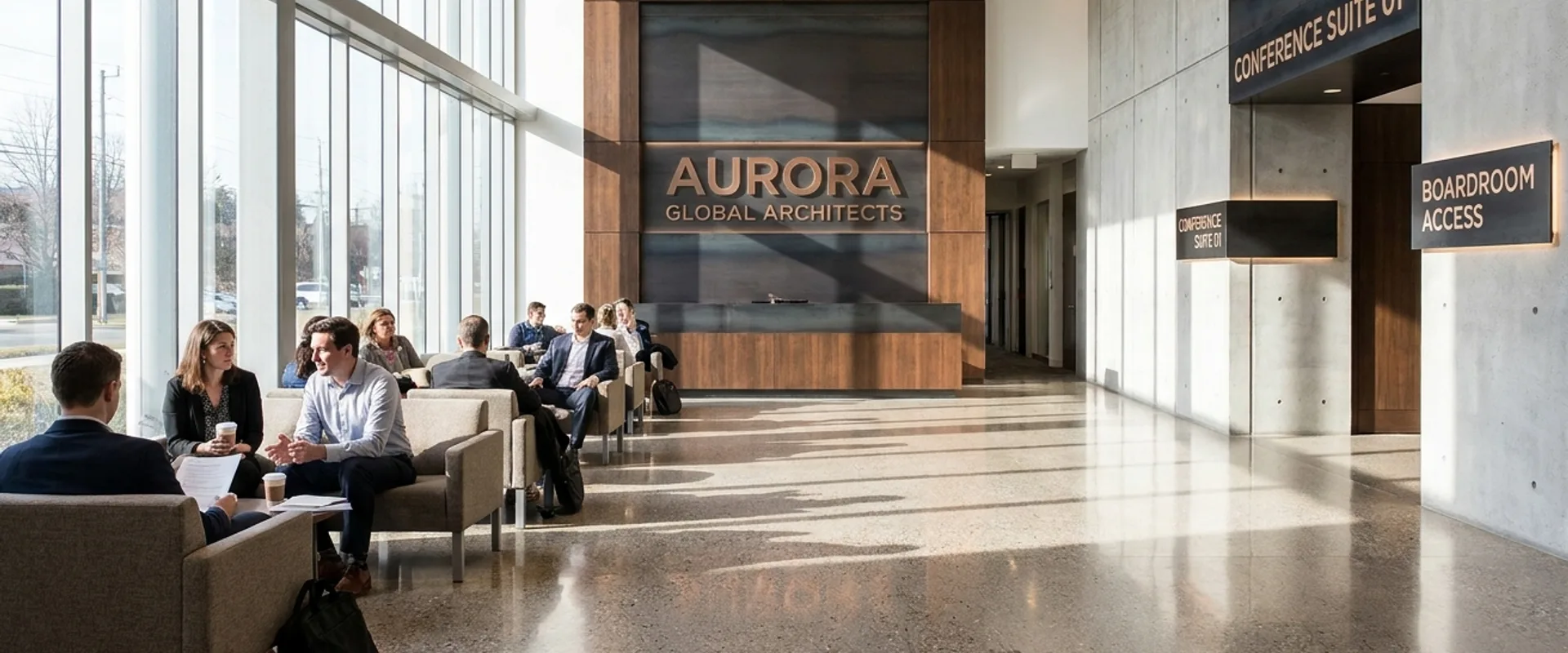 A corporate lobby with strong brand architecture — marble floor, large wordmark on a wall, subtle architectural signage, natural daylight through tall windows