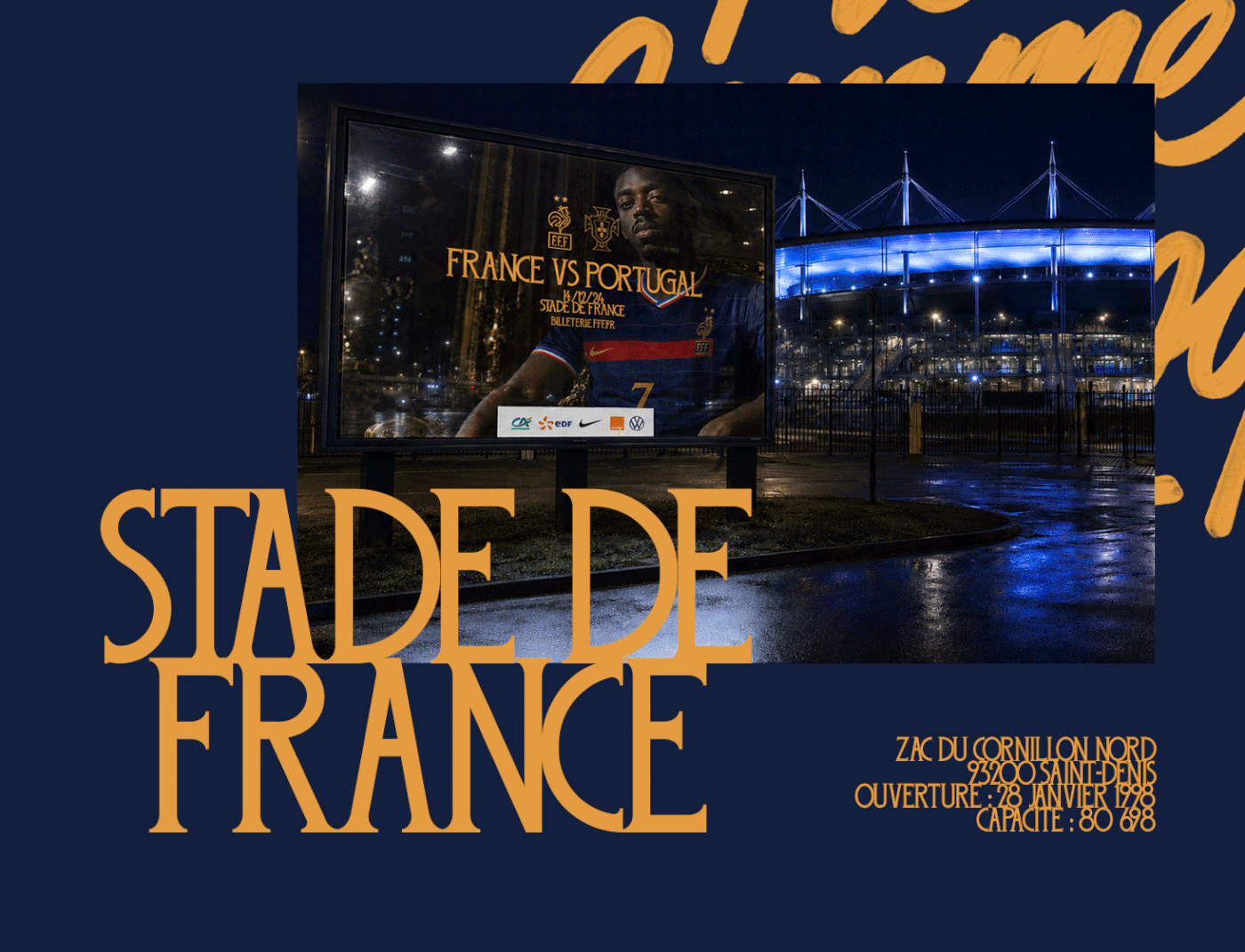 Night billboard reading “FRANCE VS PORTUGAL” beside a blue-lit stadium, framed by gold “STADE DE FRANCE” text on navy.