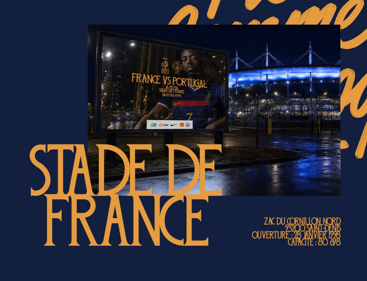 Night billboard reading “FRANCE VS PORTUGAL” beside a blue-lit stadium, framed by gold “STADE DE FRANCE” text on navy.