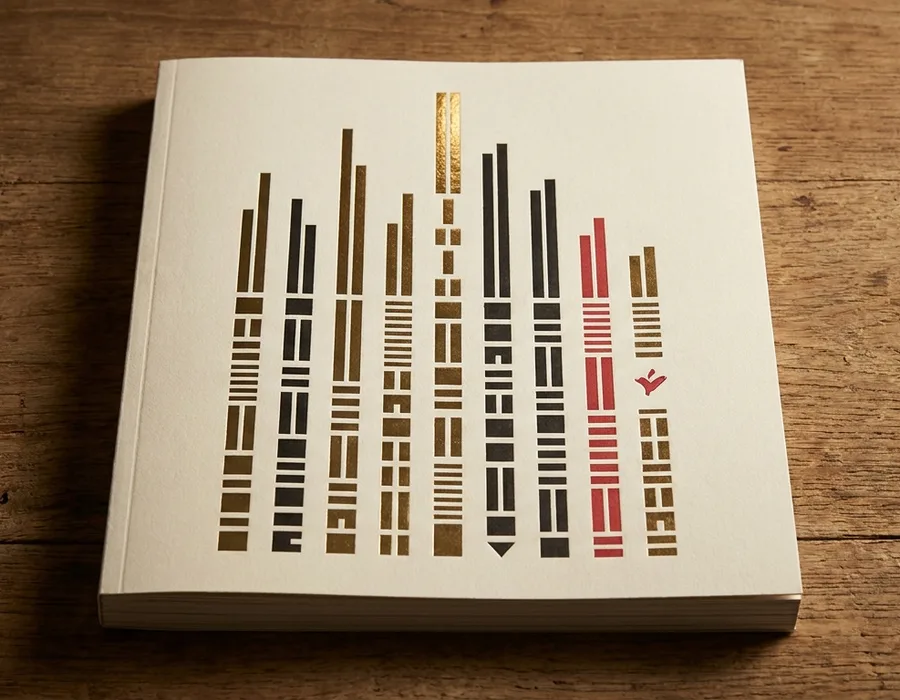 Vertical index of 50 abstract geometric marks in gold, ink-black, and cream — ceremonial awards-annual composition