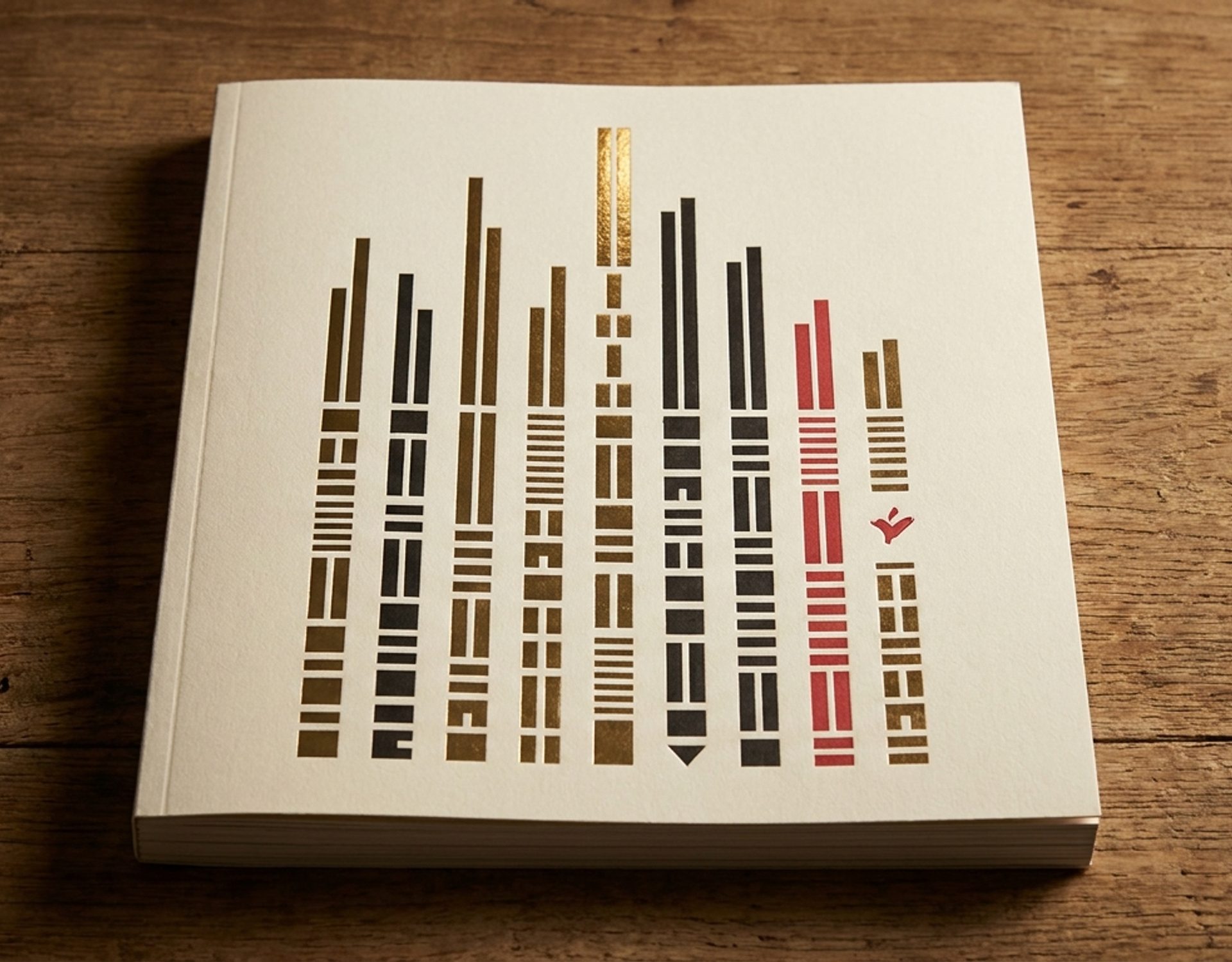 Vertical index of 50 abstract geometric marks in gold, ink-black, and cream — ceremonial awards-annual composition