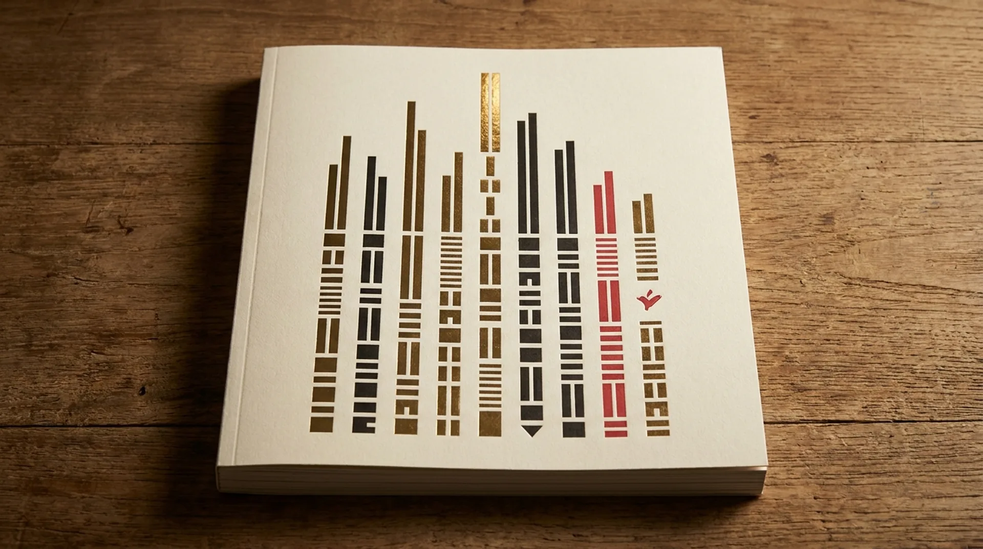 Vertical index of 50 abstract geometric marks in gold, ink-black, and cream — ceremonial awards-annual composition