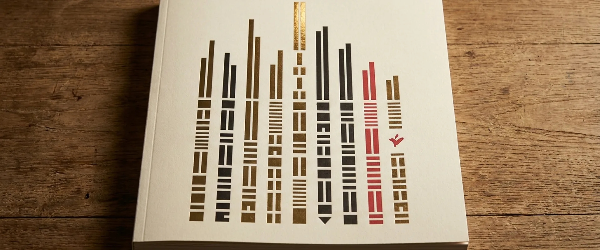 Vertical index of 50 abstract geometric marks in gold, ink-black, and cream — ceremonial awards-annual composition