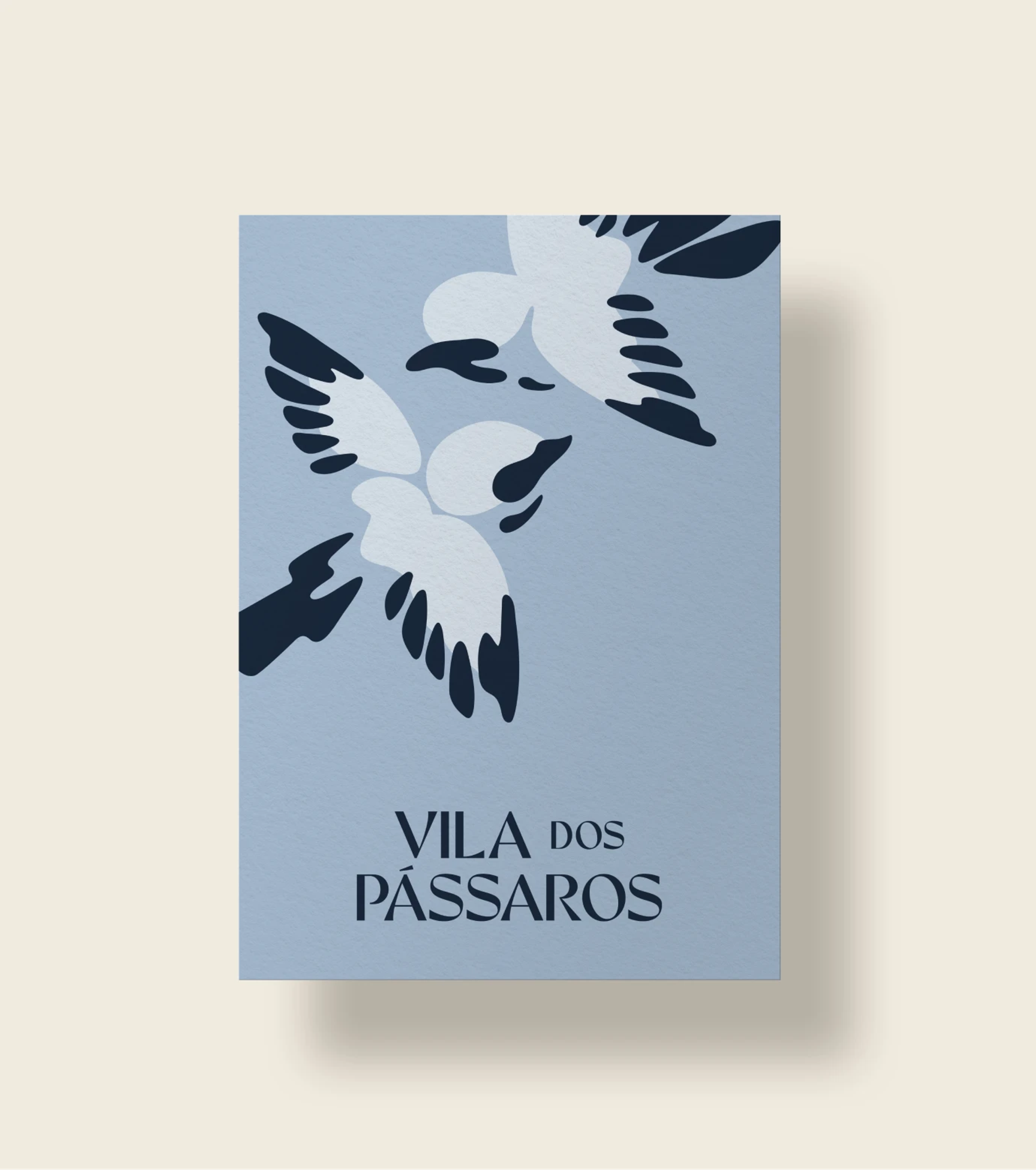 Light blue poster with abstract white and navy birds above the navy text “VILA DOS PÁSSAROS,” centered on a cream background.