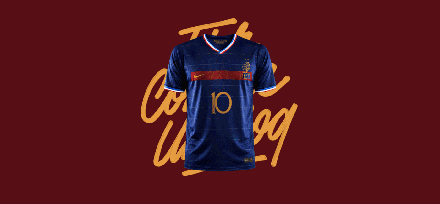 Blue France football jersey with gold number 10, Nike swoosh and FFF crest, centred over gold script on burgundy.
