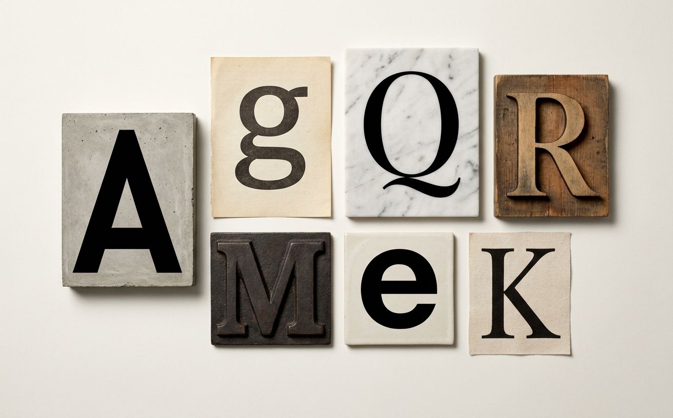 Seven specimen typefaces displayed as large letterforms on a neutral studio backdrop, arranged as an editorial design exhibit