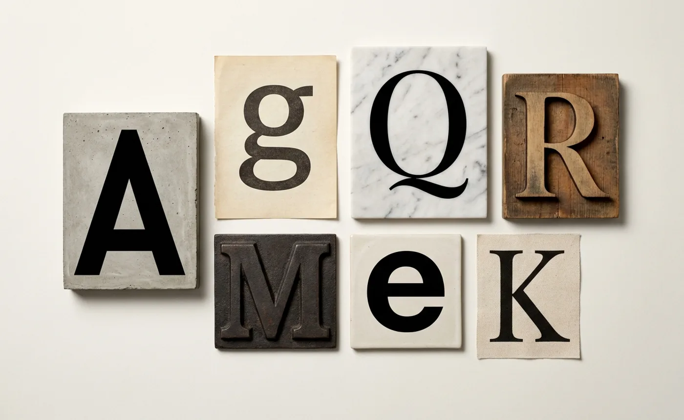 Seven specimen typefaces displayed as large letterforms on a neutral studio backdrop, arranged as an editorial design exhibit
