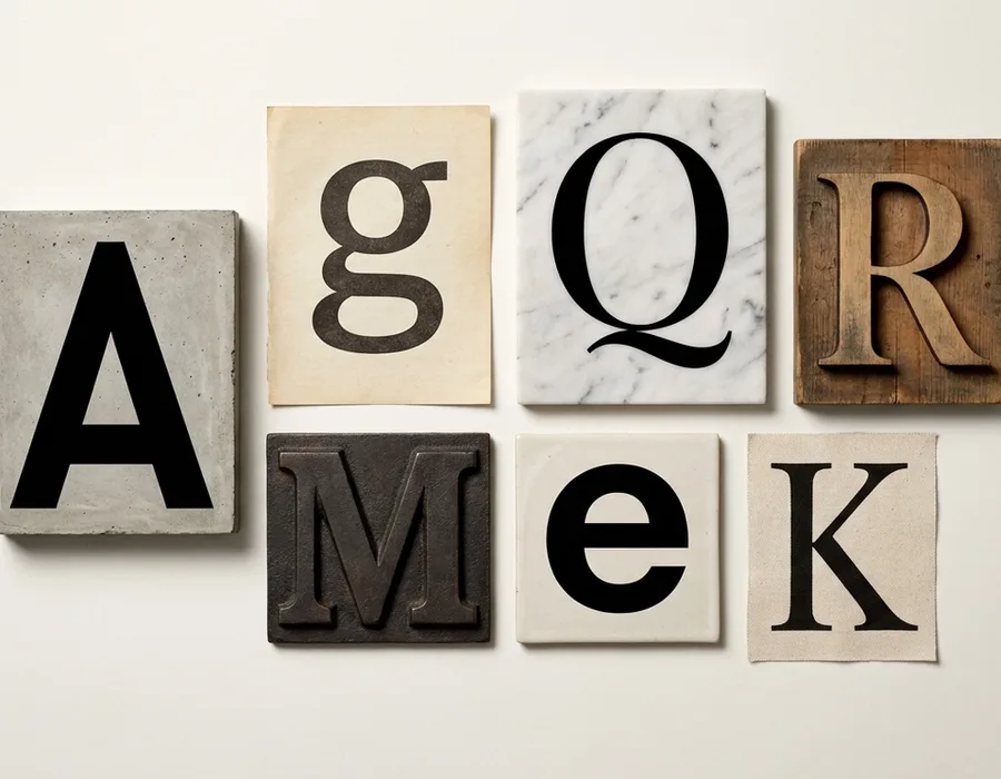 Seven specimen typefaces displayed as large letterforms on a neutral studio backdrop, arranged as an editorial design exhibit