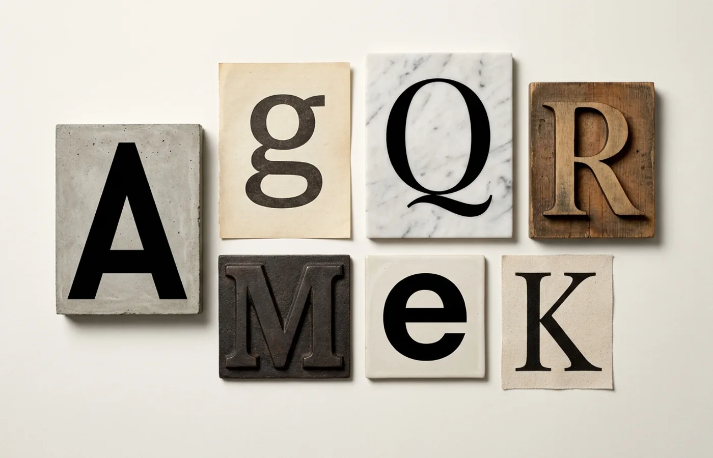 Seven specimen typefaces displayed as large letterforms on a neutral studio backdrop, arranged as an editorial design exhibit