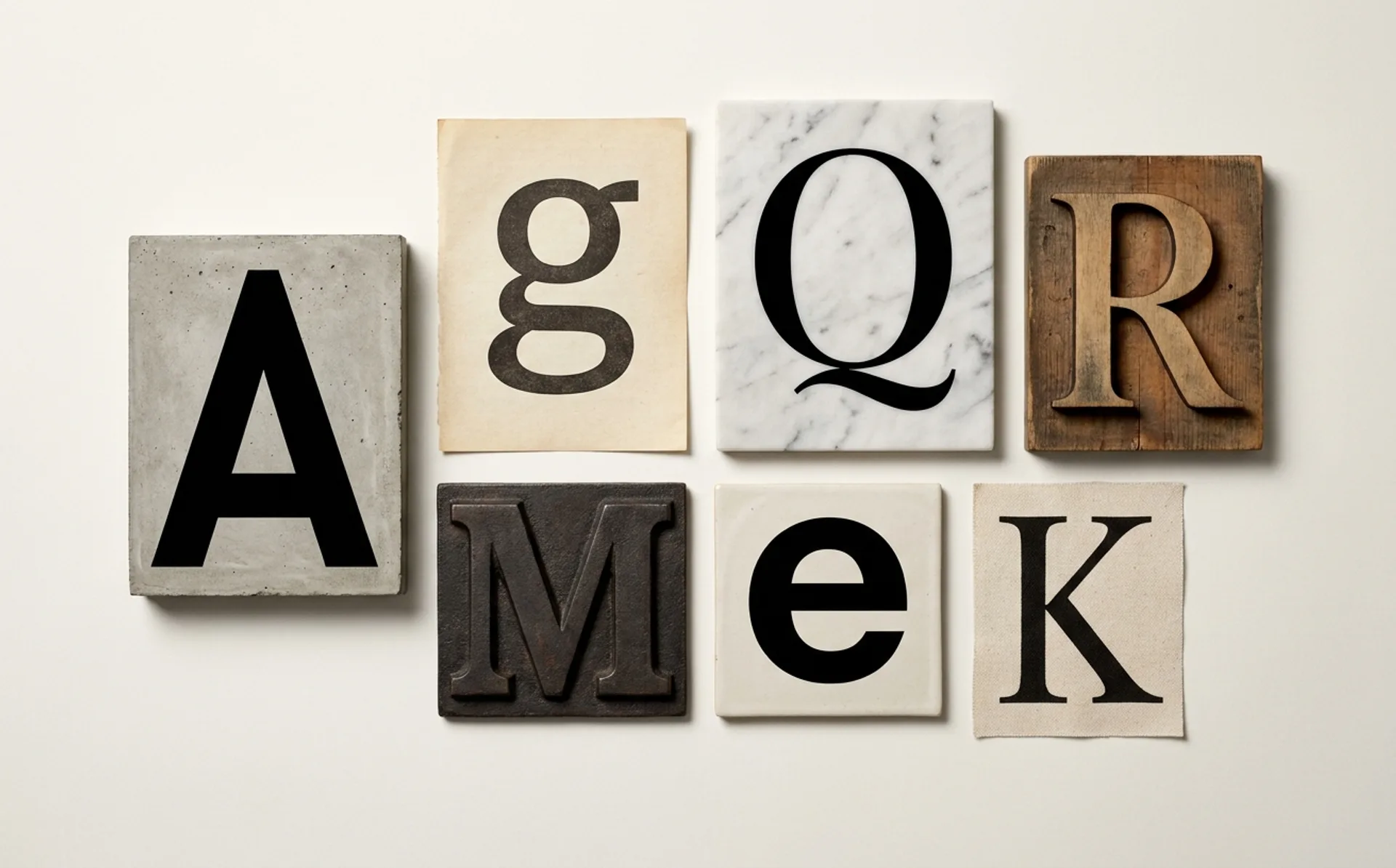 Seven specimen typefaces displayed as large letterforms on a neutral studio backdrop, arranged as an editorial design exhibit