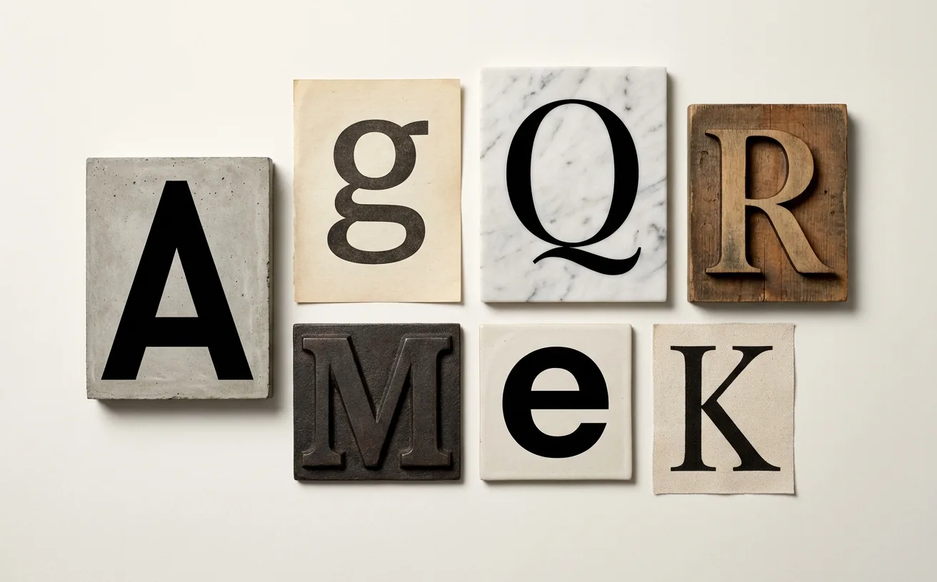 Seven specimen typefaces displayed as large letterforms on a neutral studio backdrop, arranged as an editorial design exhibit