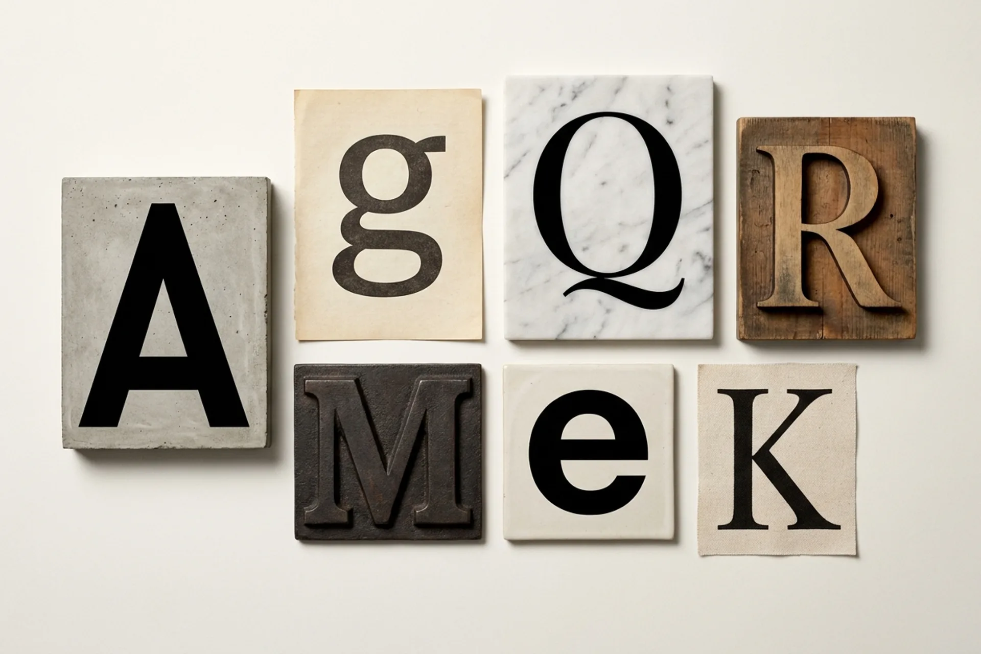 Seven specimen typefaces displayed as large letterforms on a neutral studio backdrop, arranged as an editorial design exhibit