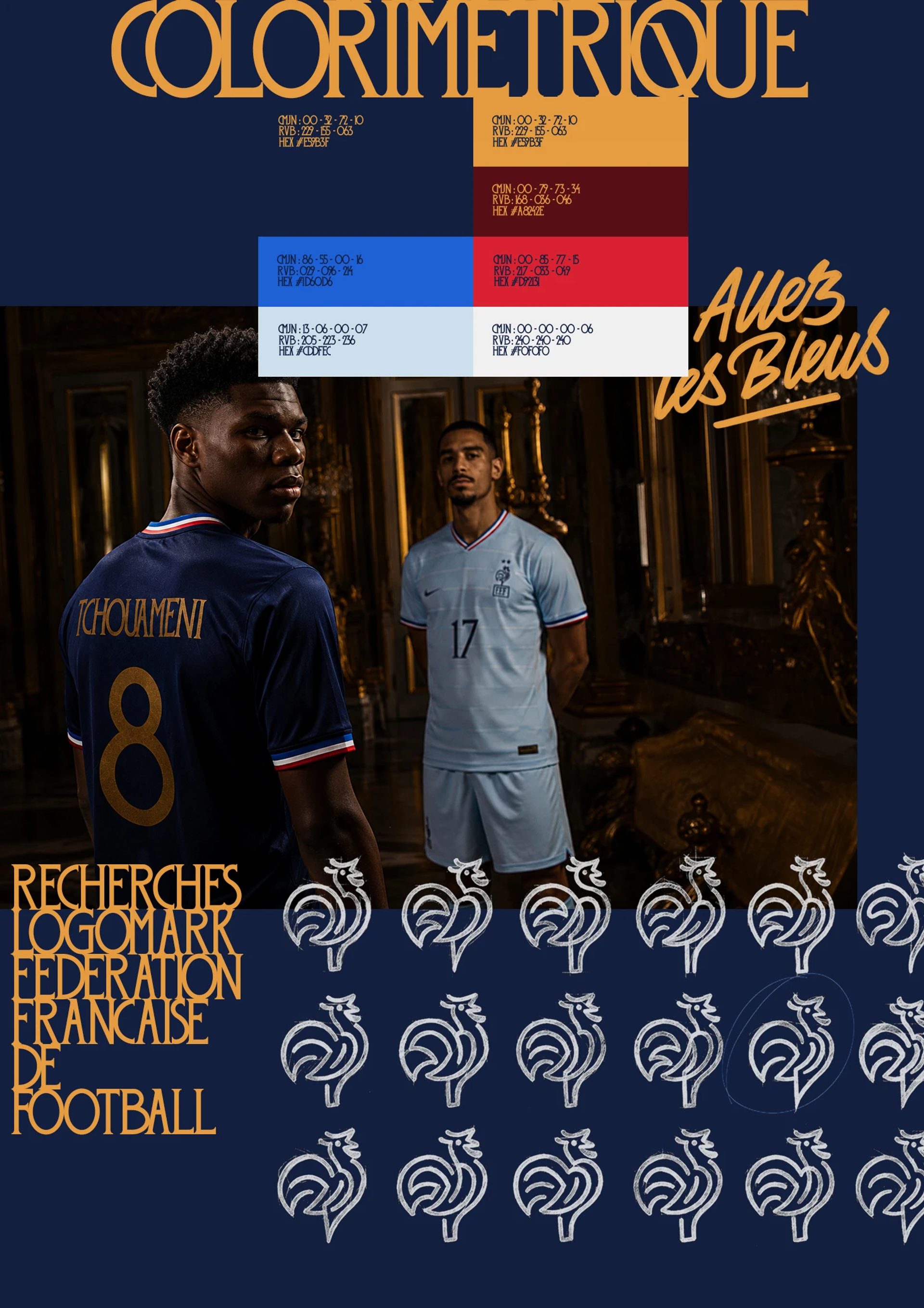 Brand board with France players, navy, blue, red and gold swatches, rooster logos, and “Allez les Bleus” lettering.