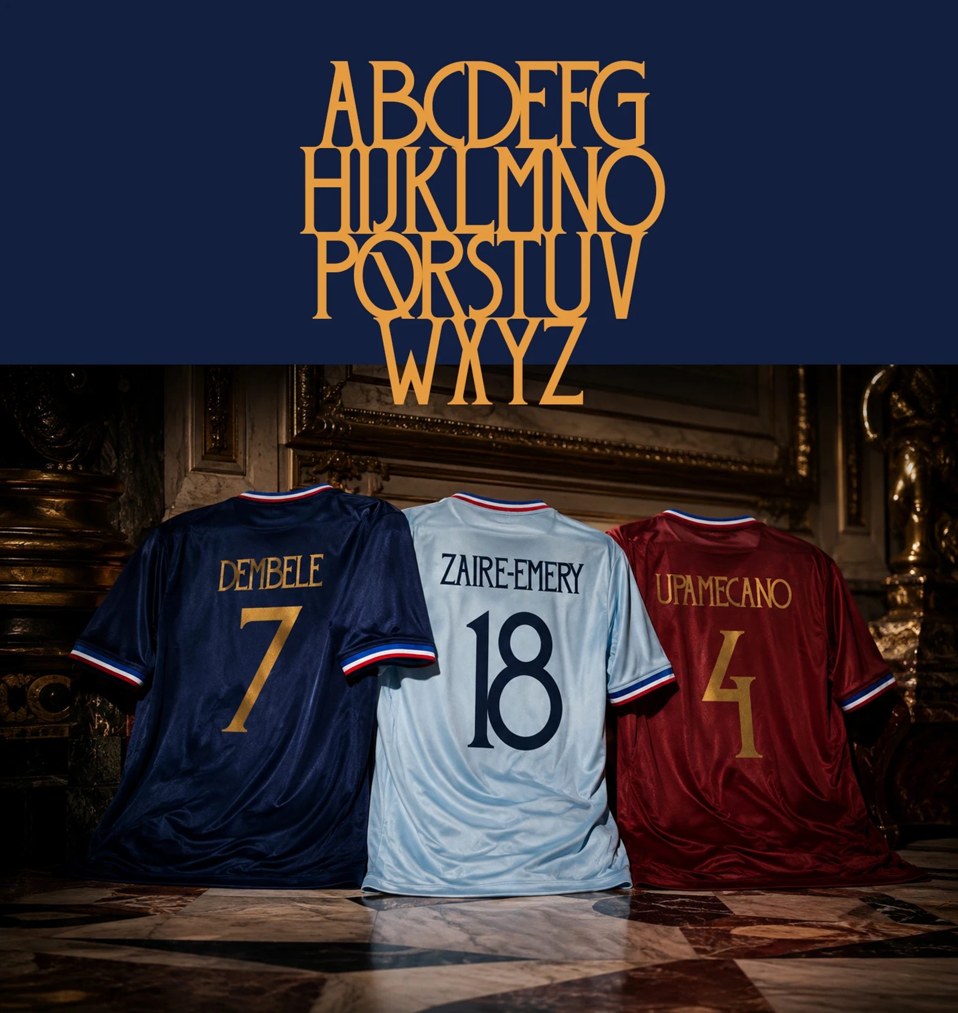 Navy, pale blue and red football shirts read DEMBELE 7, ZAIRE-EMERY 18 and UPAMECANO 4 beneath a gold alphabet.
