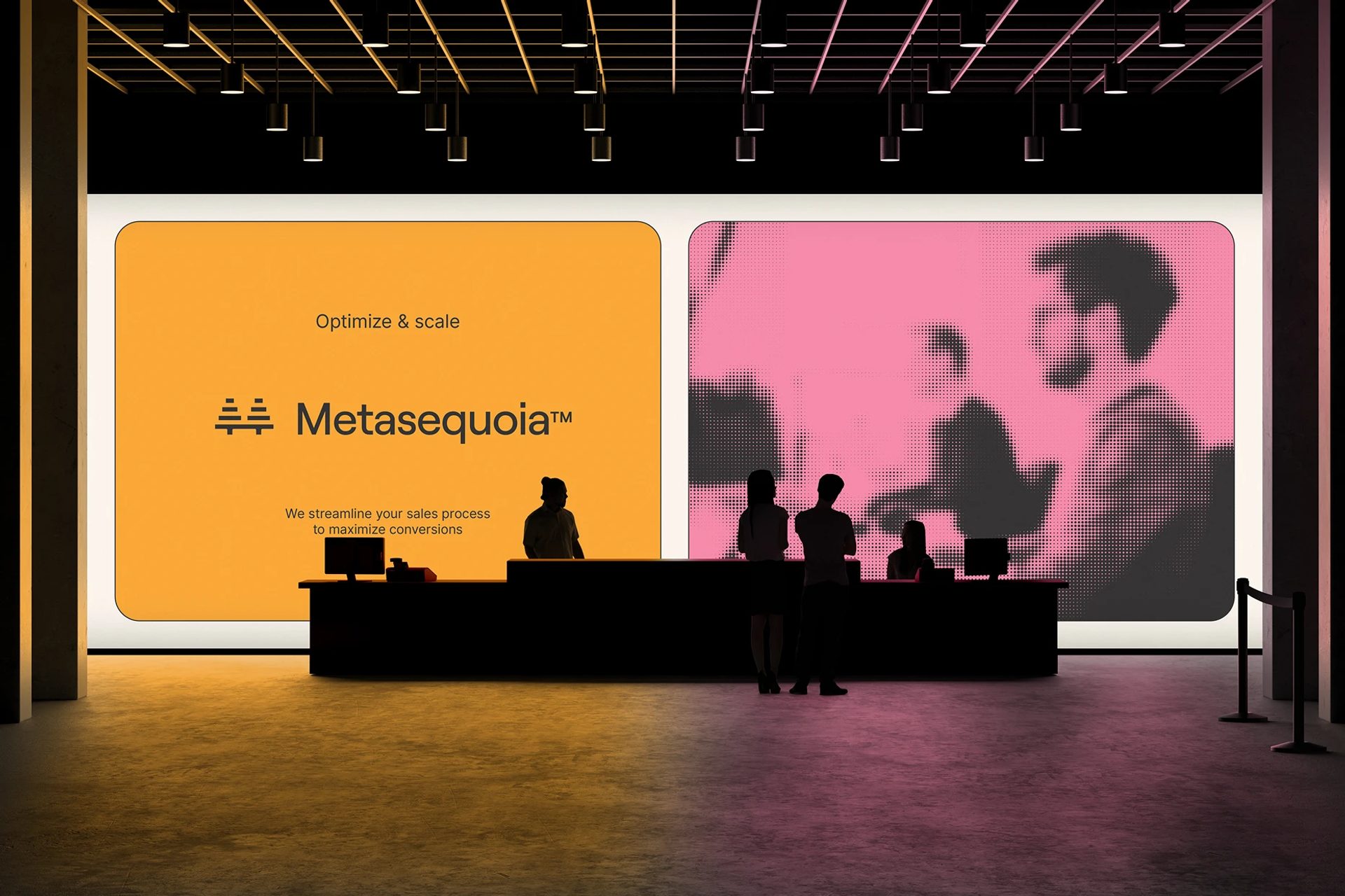 Trade show booth with orange Metasequoia™ signage, a pink halftone screen, black counters and silhouetted staff.
