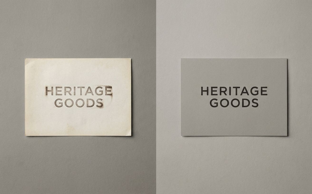 A brand wordmark shown in two states side by side — an older typographic treatment on the left, a refined contemporary version on the right, shot on a neutral studio backdrop