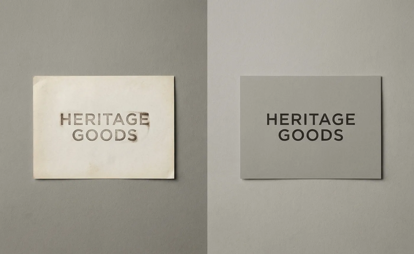 A brand wordmark shown in two states side by side — an older typographic treatment on the left, a refined contemporary version on the right, shot on a neutral studio backdrop
