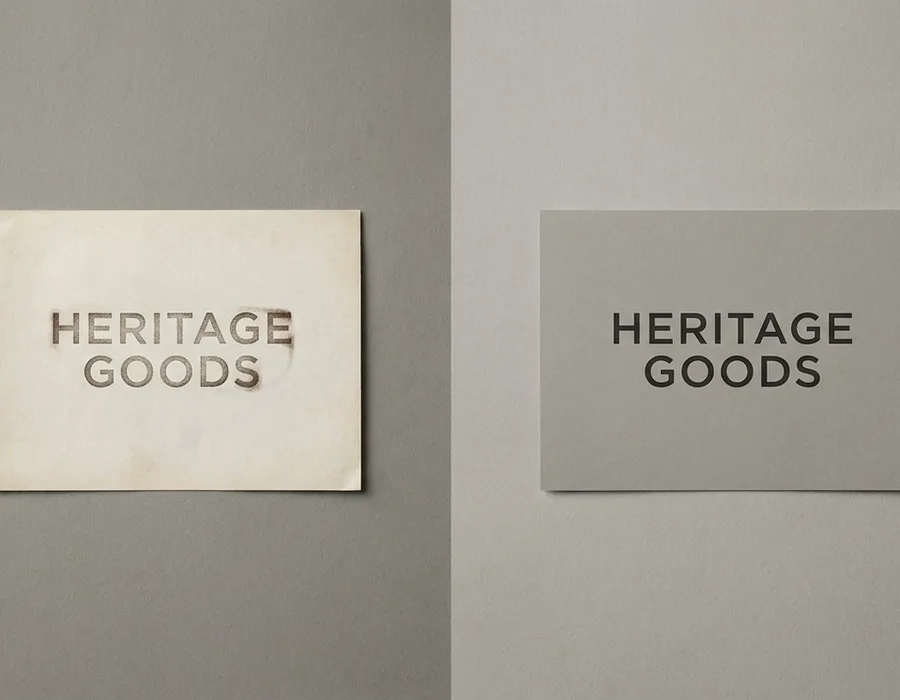 A brand wordmark shown in two states side by side — an older typographic treatment on the left, a refined contemporary version on the right, shot on a neutral studio backdrop