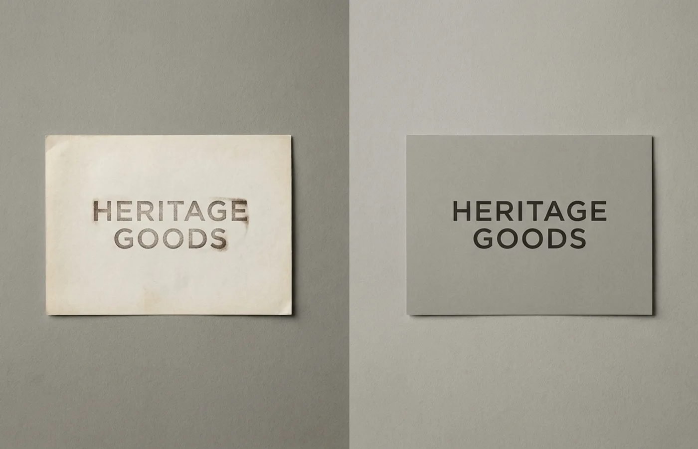 A brand wordmark shown in two states side by side — an older typographic treatment on the left, a refined contemporary version on the right, shot on a neutral studio backdrop
