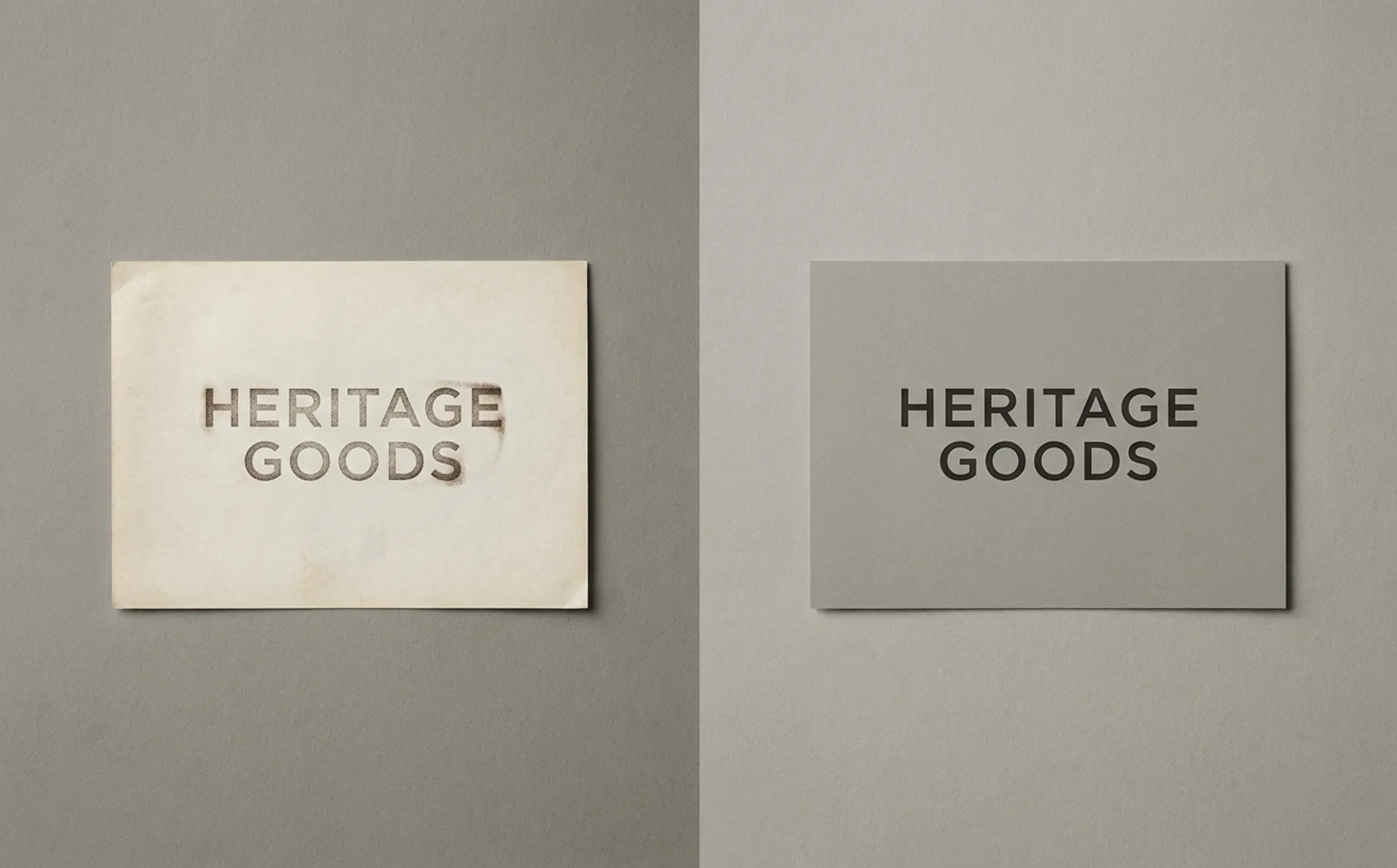 A brand wordmark shown in two states side by side — an older typographic treatment on the left, a refined contemporary version on the right, shot on a neutral studio backdrop