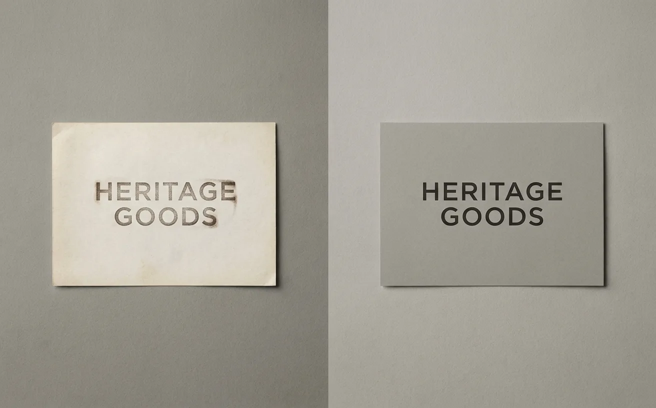 A brand wordmark shown in two states side by side — an older typographic treatment on the left, a refined contemporary version on the right, shot on a neutral studio backdrop