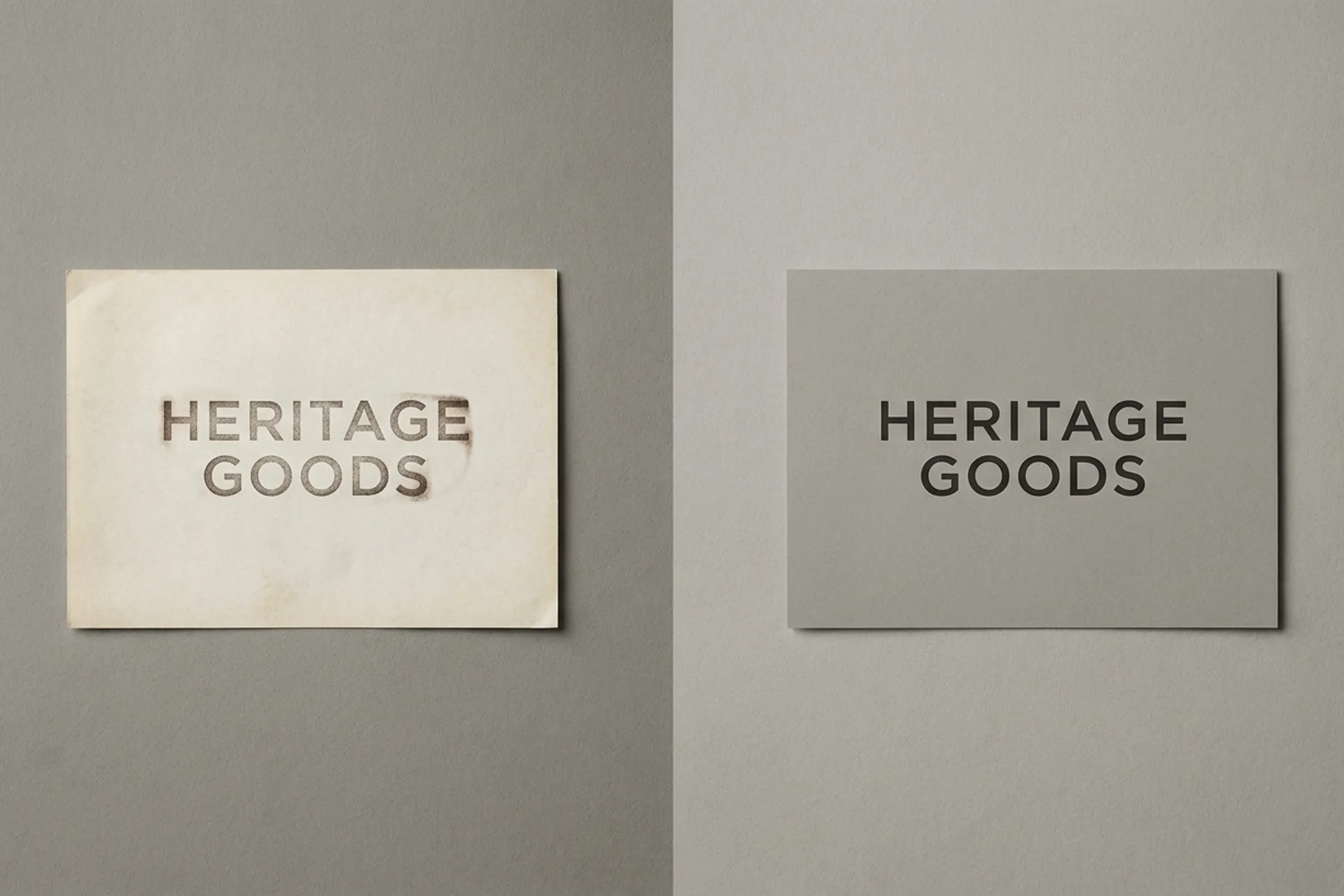 A brand wordmark shown in two states side by side — an older typographic treatment on the left, a refined contemporary version on the right, shot on a neutral studio backdrop