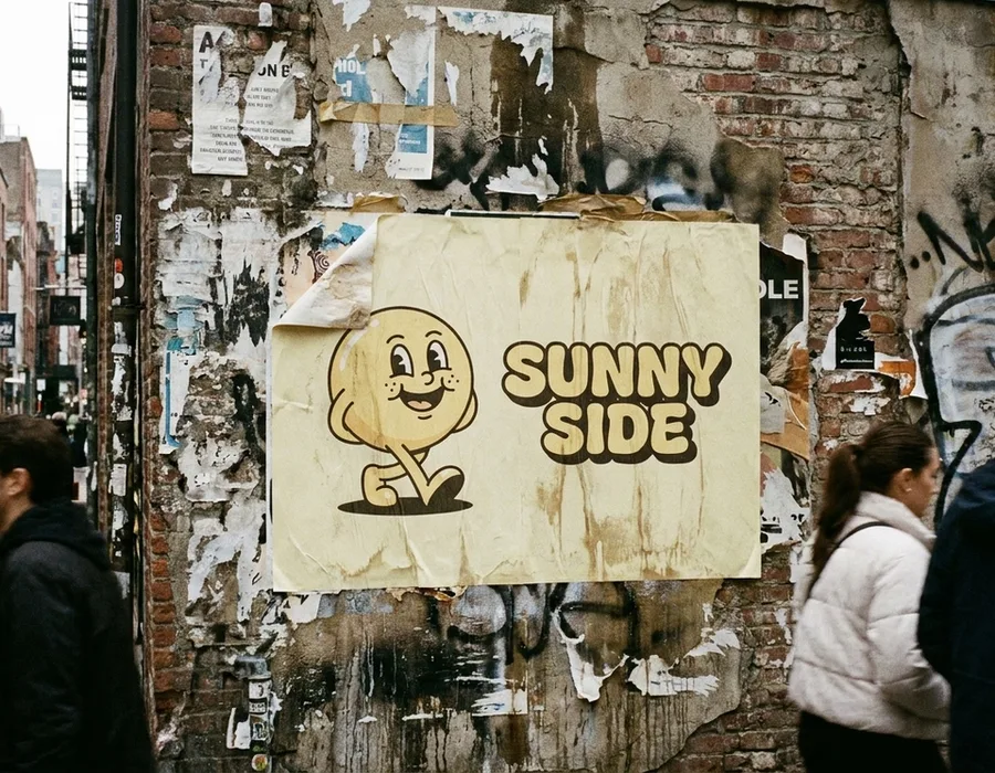 The Mailchimp Freddie mascot and wordmark wheatpasted on a worn urban wall, showing playful cream-yellow palette against gritty texture