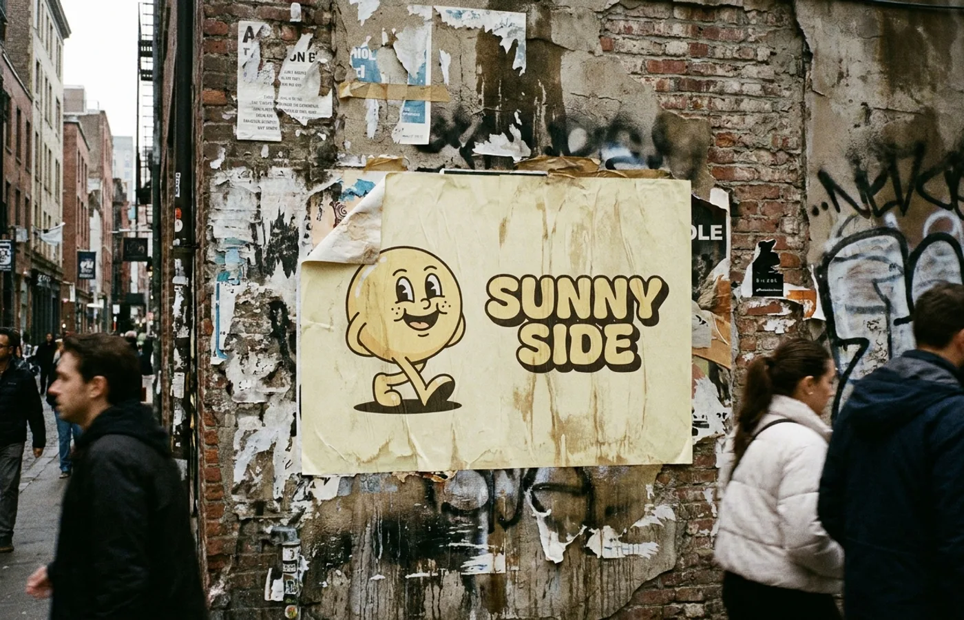 The Mailchimp Freddie mascot and wordmark wheatpasted on a worn urban wall, showing playful cream-yellow palette against gritty texture