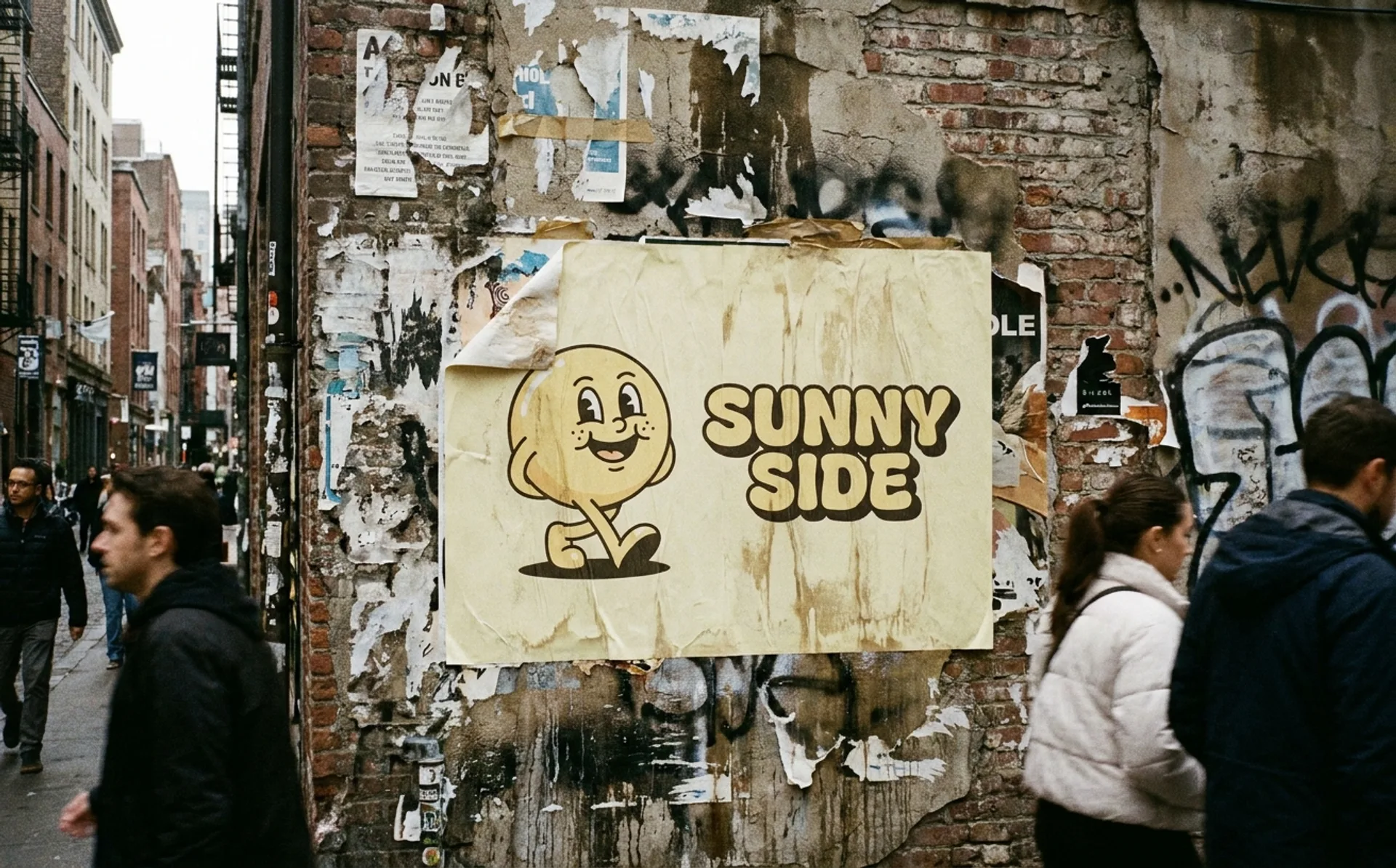 The Mailchimp Freddie mascot and wordmark wheatpasted on a worn urban wall, showing playful cream-yellow palette against gritty texture