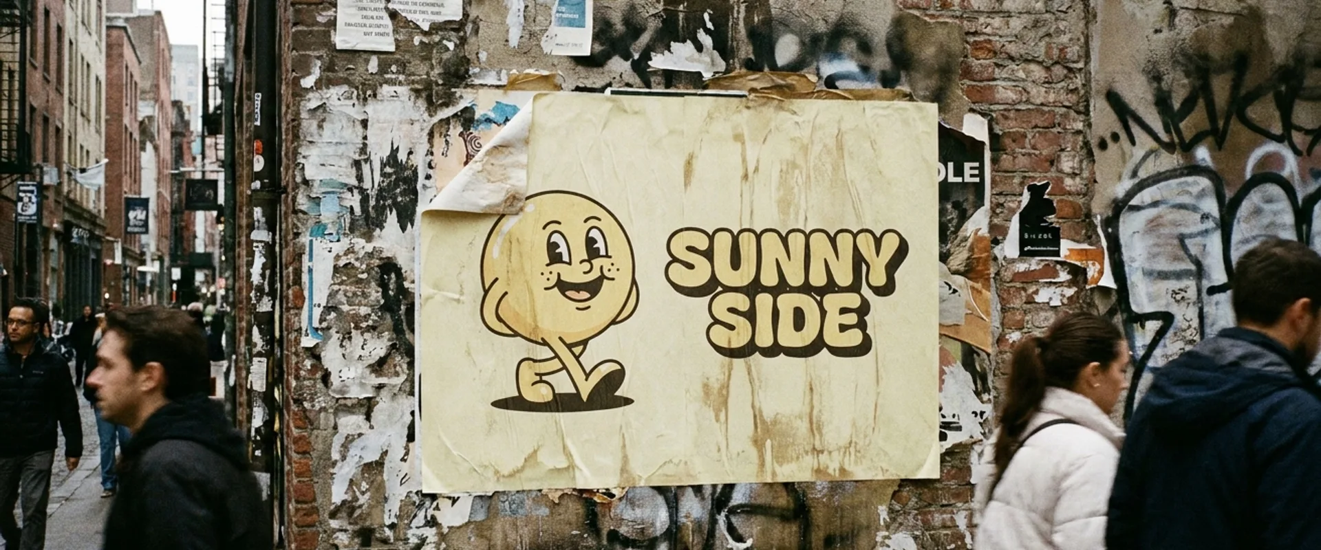 The Mailchimp Freddie mascot and wordmark wheatpasted on a worn urban wall, showing playful cream-yellow palette against gritty texture