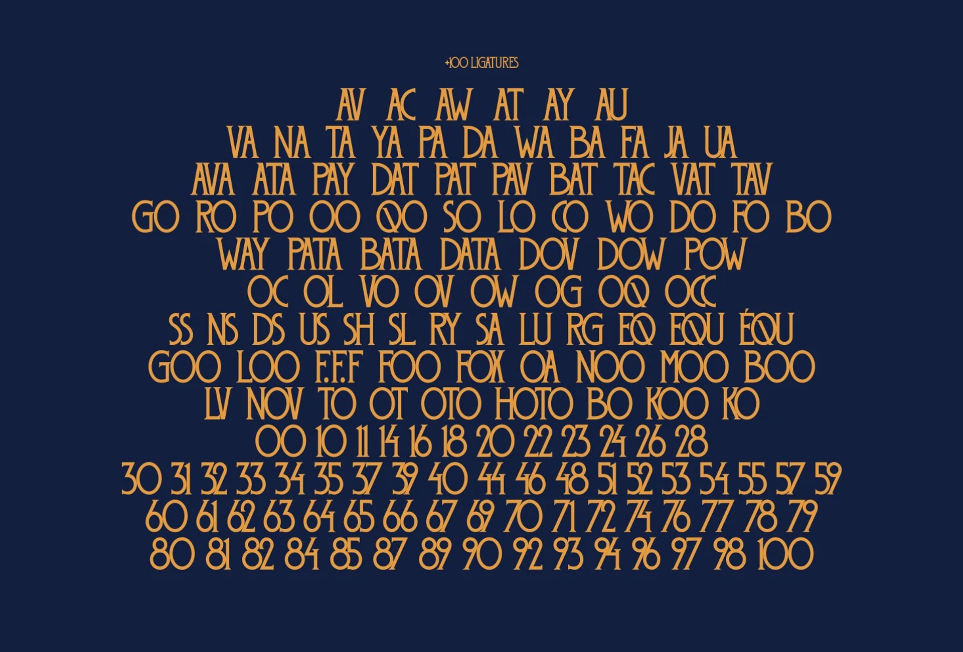 Typography specimen screen with “+100 LIGATURES” above rows of orange letter pairs and numerals on a navy background.