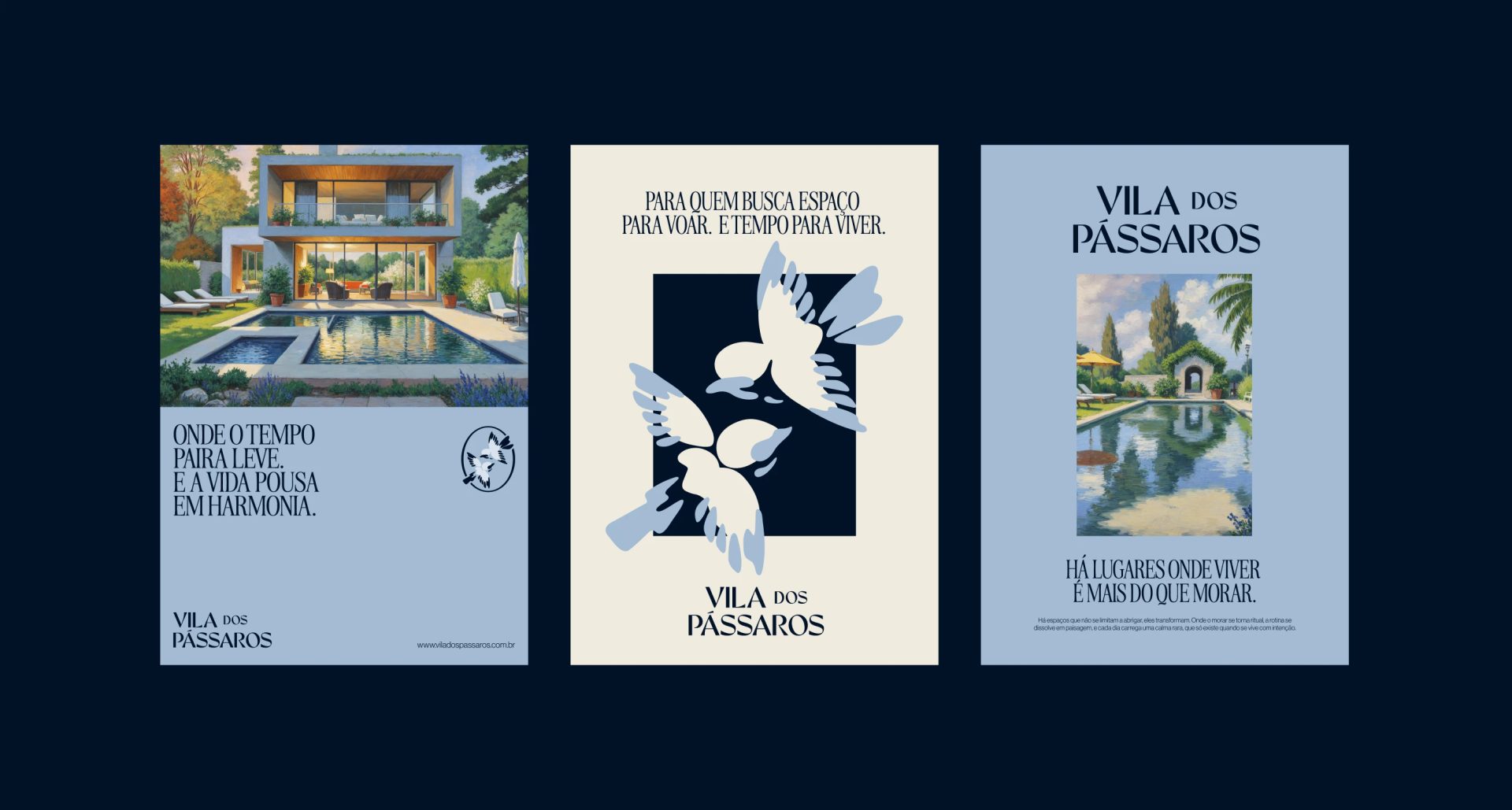 Three blue and cream VILA DOS PÁSSAROS posters feature poolside homes, flying bird graphics and Portuguese slogans.