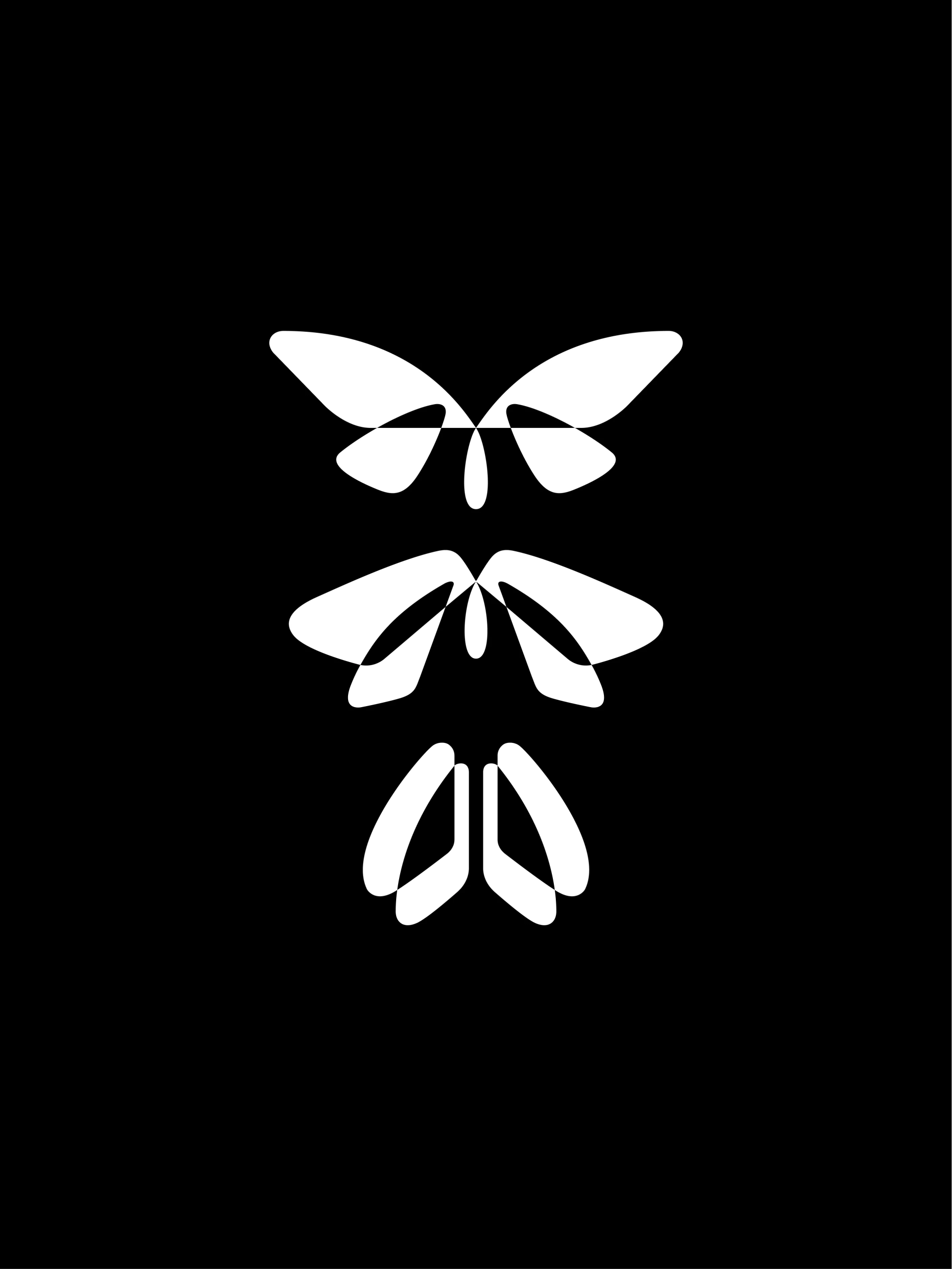 Three abstract white butterfly-like symbols are stacked vertically at the centre of a black graphic.