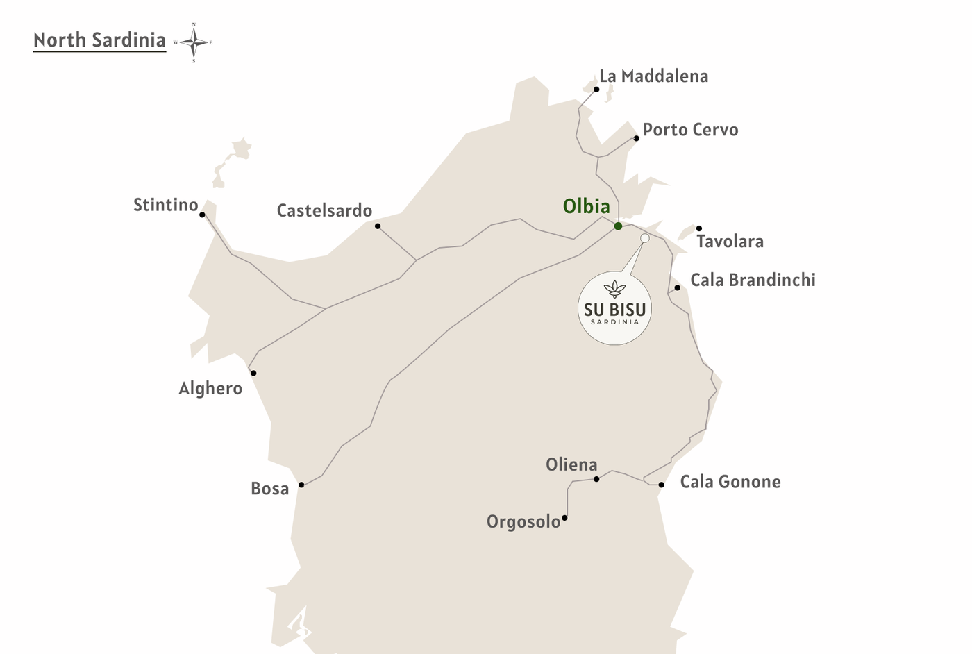 Olbia, Murta Maria, Tavolara, Porto Istana, Cala Brandinchi, San Teodoro, Costa Smeralda, Porto Cervo, La Maddalena, Castelsardo, Alghero, Posada, Cala Gonone, Ogliastra, Orgosolo and Oliena