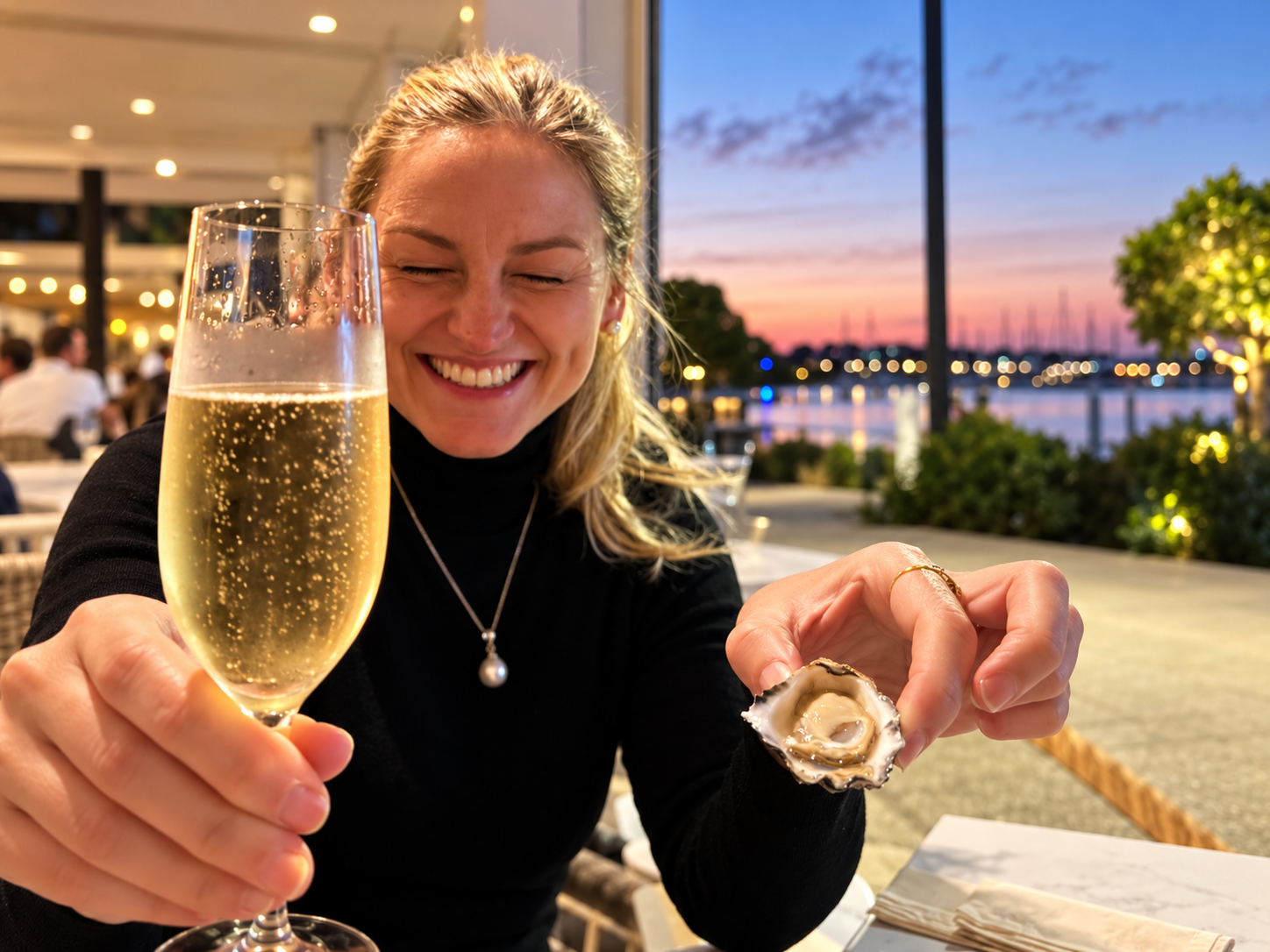 Jen at lunch with champagne and oysters