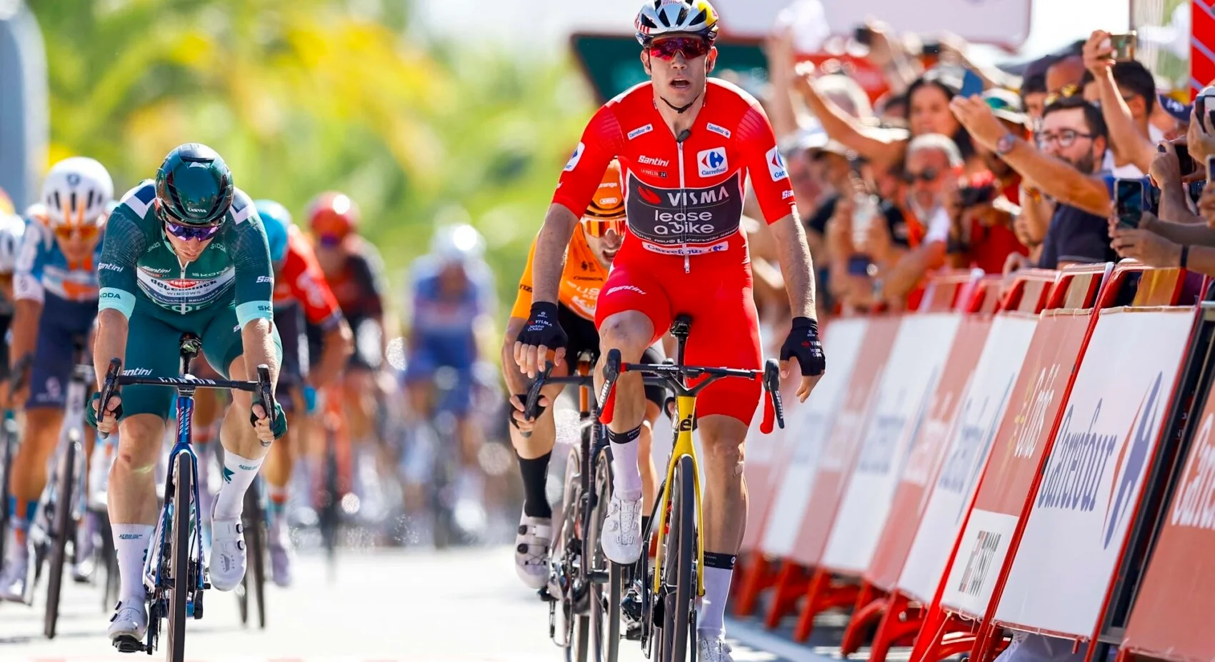 Wout van Aert wins Vuelta stage three to keep red jersey