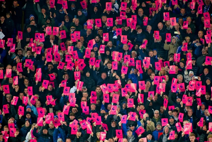 Everton fans protest against points deduction by Premier League at Goodison
